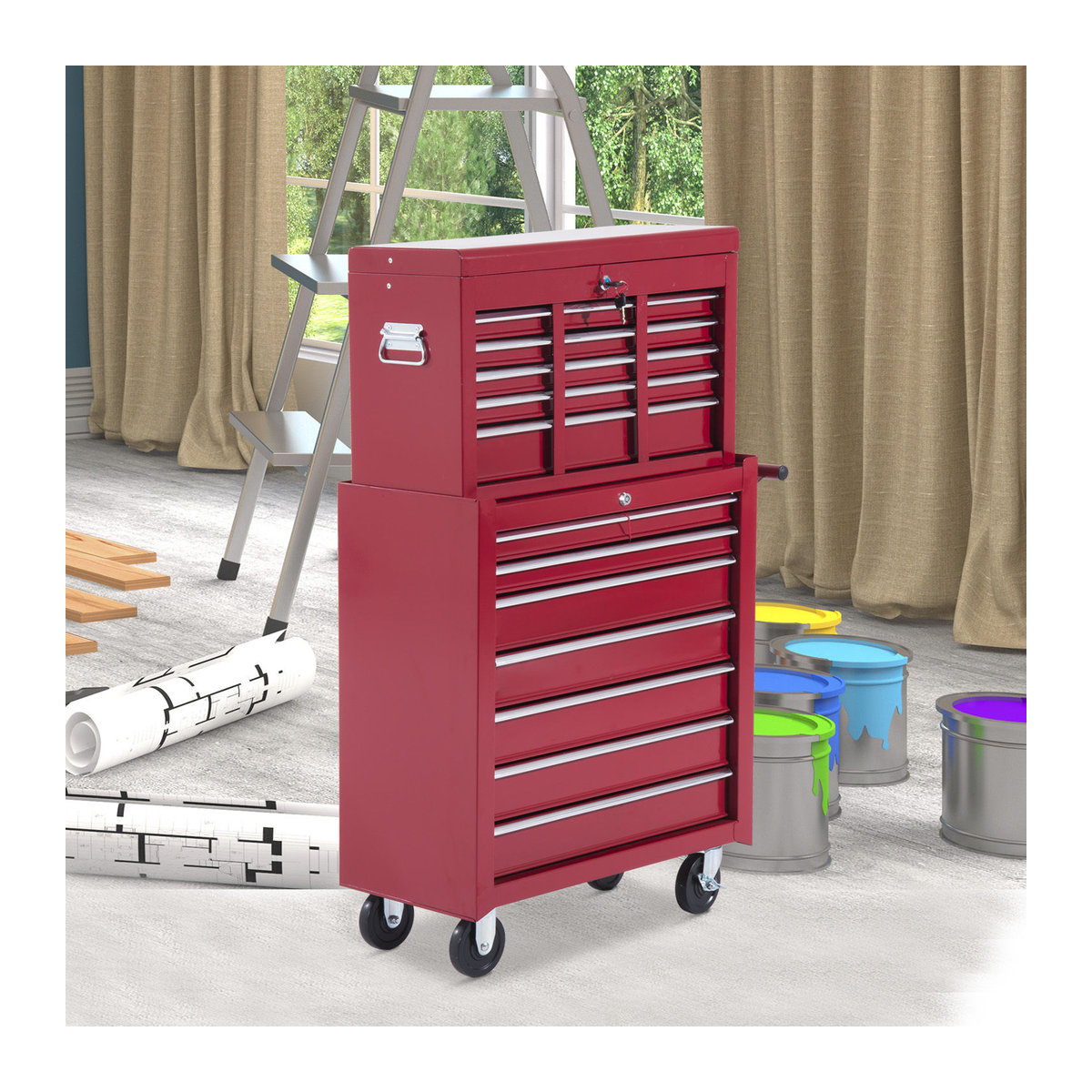 HOMCOM Werkzeugwagen aus Metall in Rot für Werkstatt und Garage, mobil und robust - Bild 2