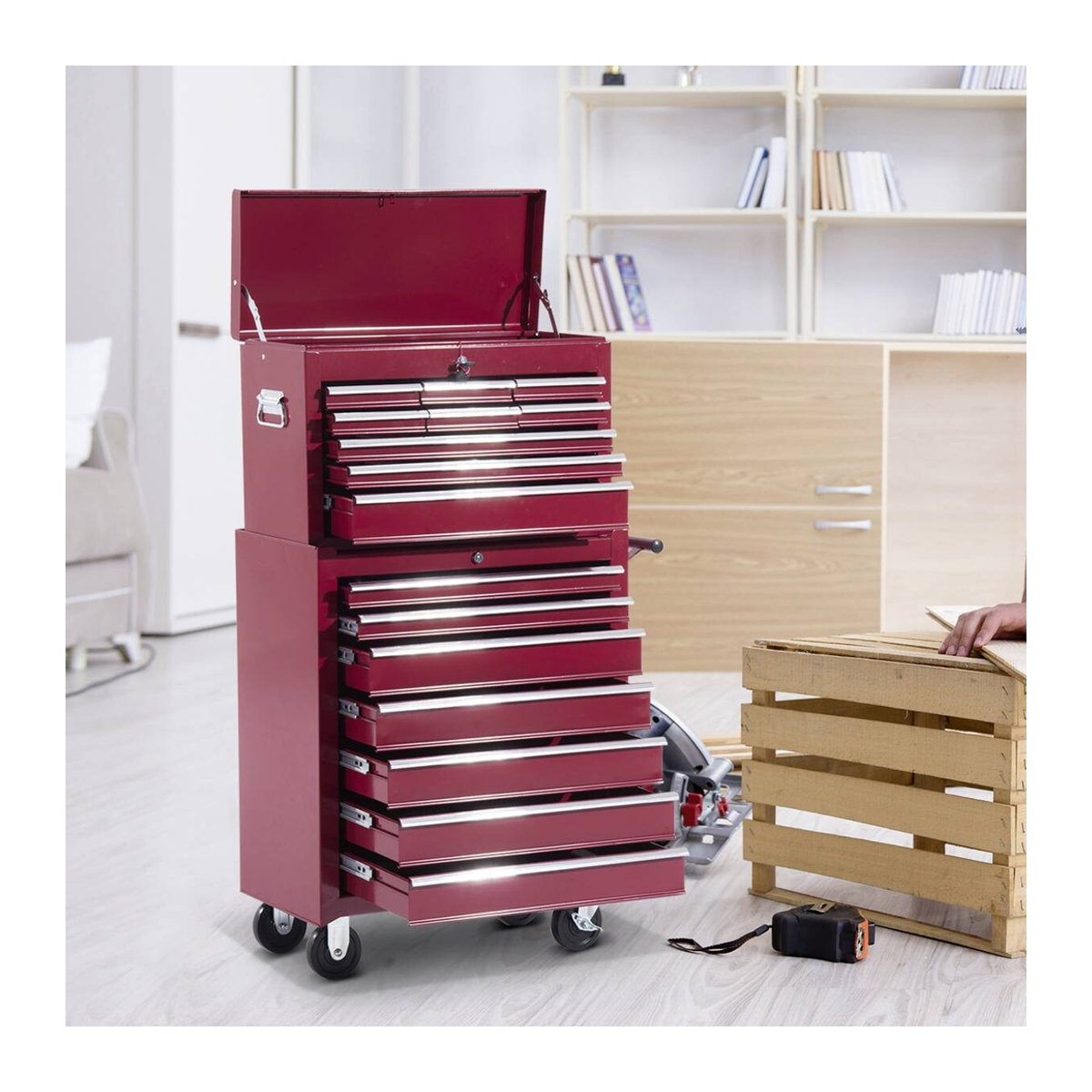 HOMCOM Werkzeugwagen aus Metall in Rot für Werkstatt und Garage, mobil und robust - Bild 3