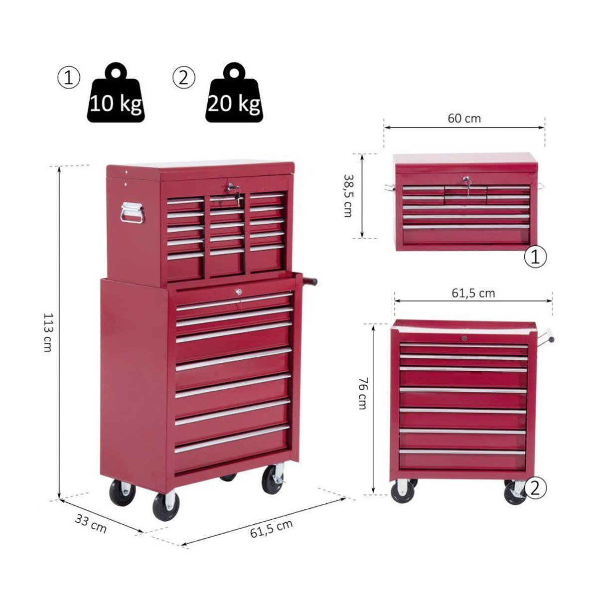 HOMCOM Werkzeugwagen aus Metall in Rot für Werkstatt und Garage, mobil und robust - Bild 4