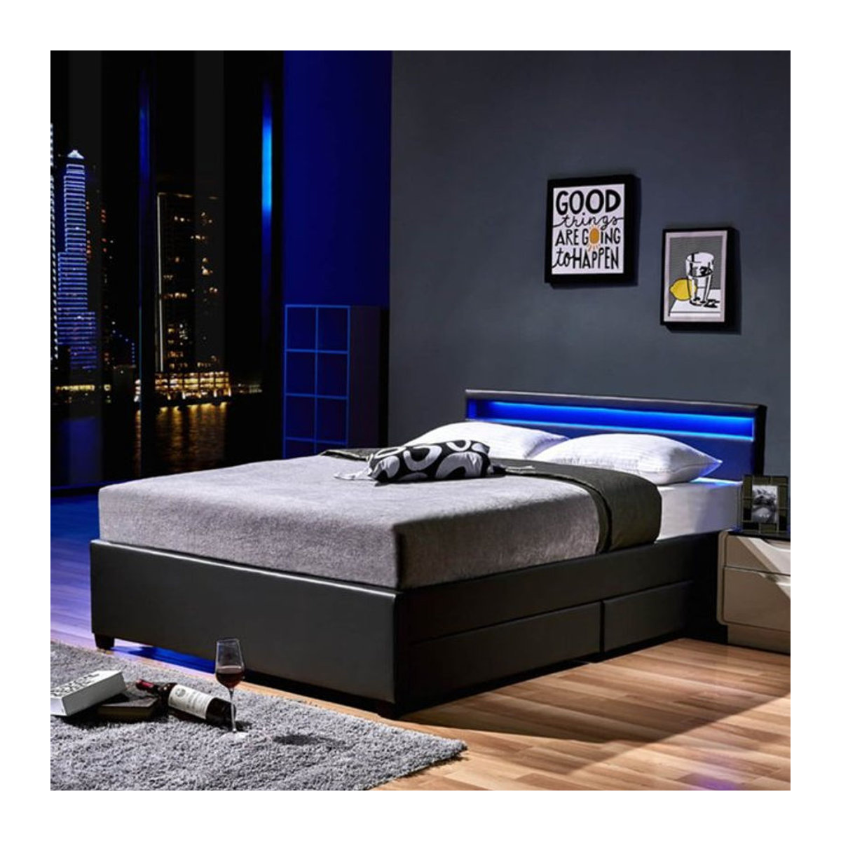HOME DELUXE LED Polsterbett Nube Funktionsbett mit Schubladen in Anthrazit und Grau, B/T/H: 140 x 200 cm - Bild 1