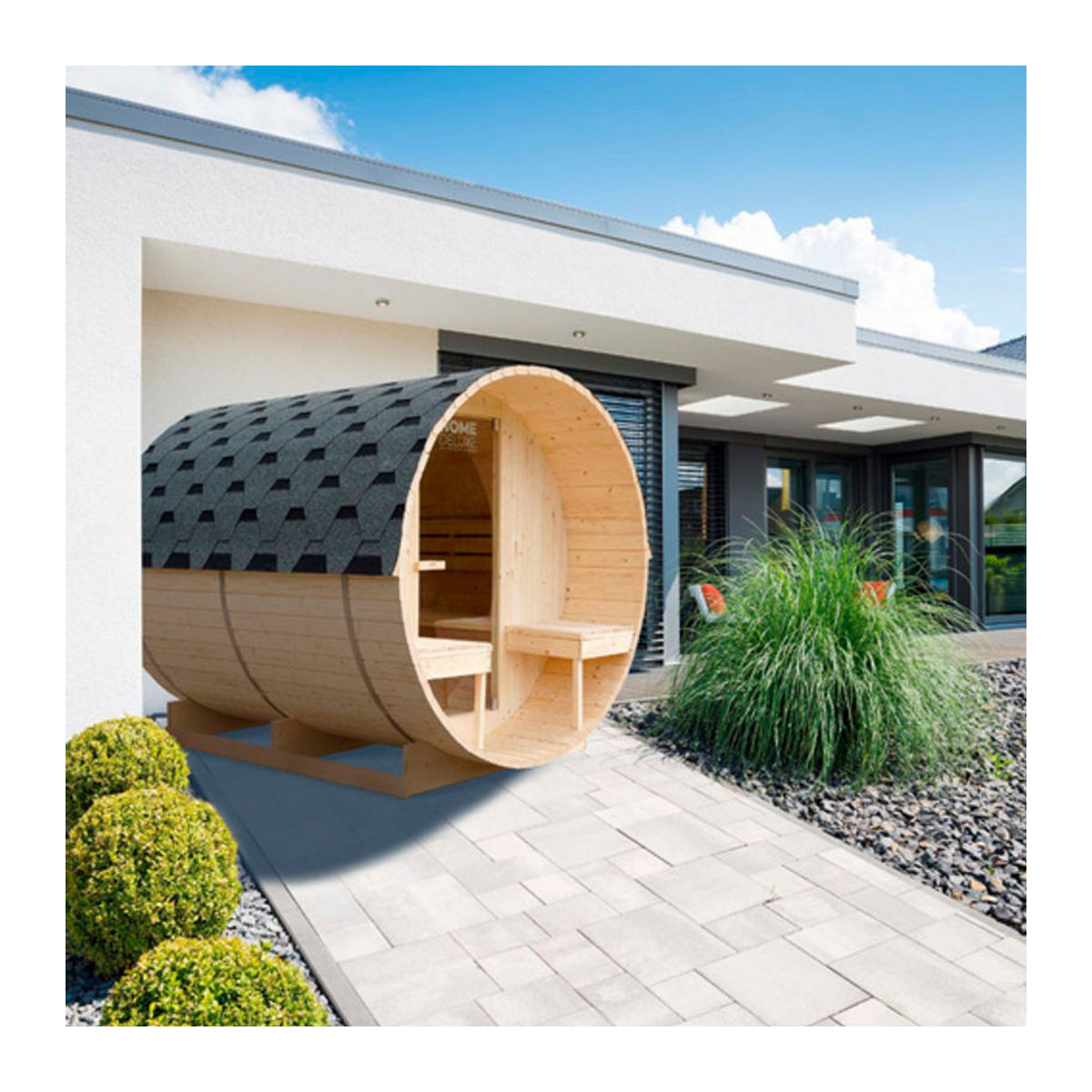 HOME DELUXE Outdoor Fasssauna LAHTI Deluxe L aus Massivholz in Beige, B/H/T: 195 x 192 x 220 cm - Bild 6