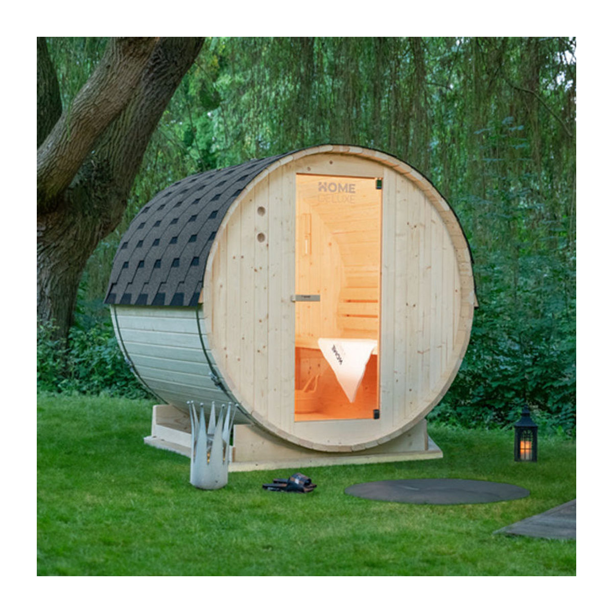 HOME DELUXE Outdoor Fasssauna LAHTI XL aus Fichtenholz in Beige, B/H/T: 195 x 220 x 480 cm - Bild 6