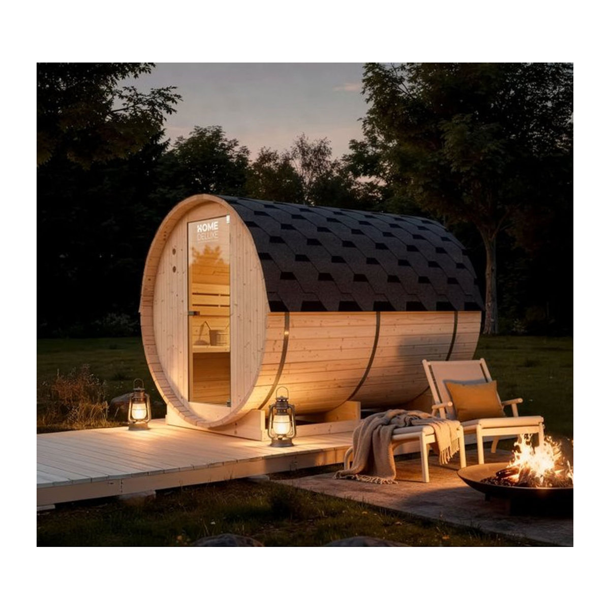HOME DELUXE Outdoor Fasssauna LAHTI XL aus Fichtenholz in Beige, B/H/T: 195 x 220 x 480 cm - Bild 8