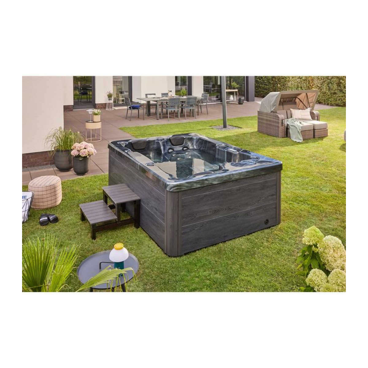 Home Deluxe Outdoor Whirlpool Black Marble in Schwarz und Anthrazit mit Treppe und Thermoabdeckung - Bild 1