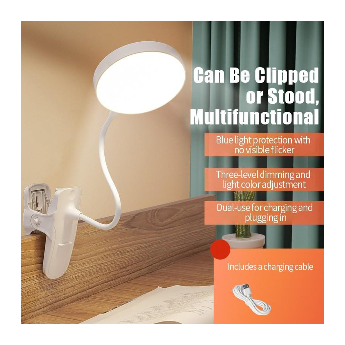Home museum LED-Schreibtischlampe mit 3 Beleuchtungsmodi, wiederaufladbares Clip-Nachtlicht in Weiß - Bild 5