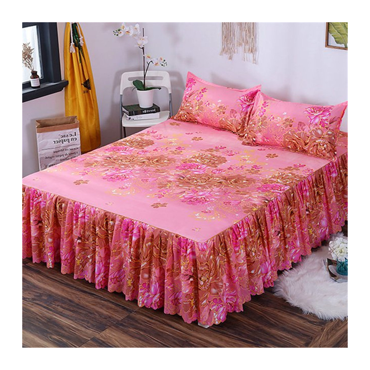 Home Textil Bettwäsche-Set aus Baumwolle mit Spannbettlaken und 2 Kissenbezügen in Orange und Rosa - Bild 1