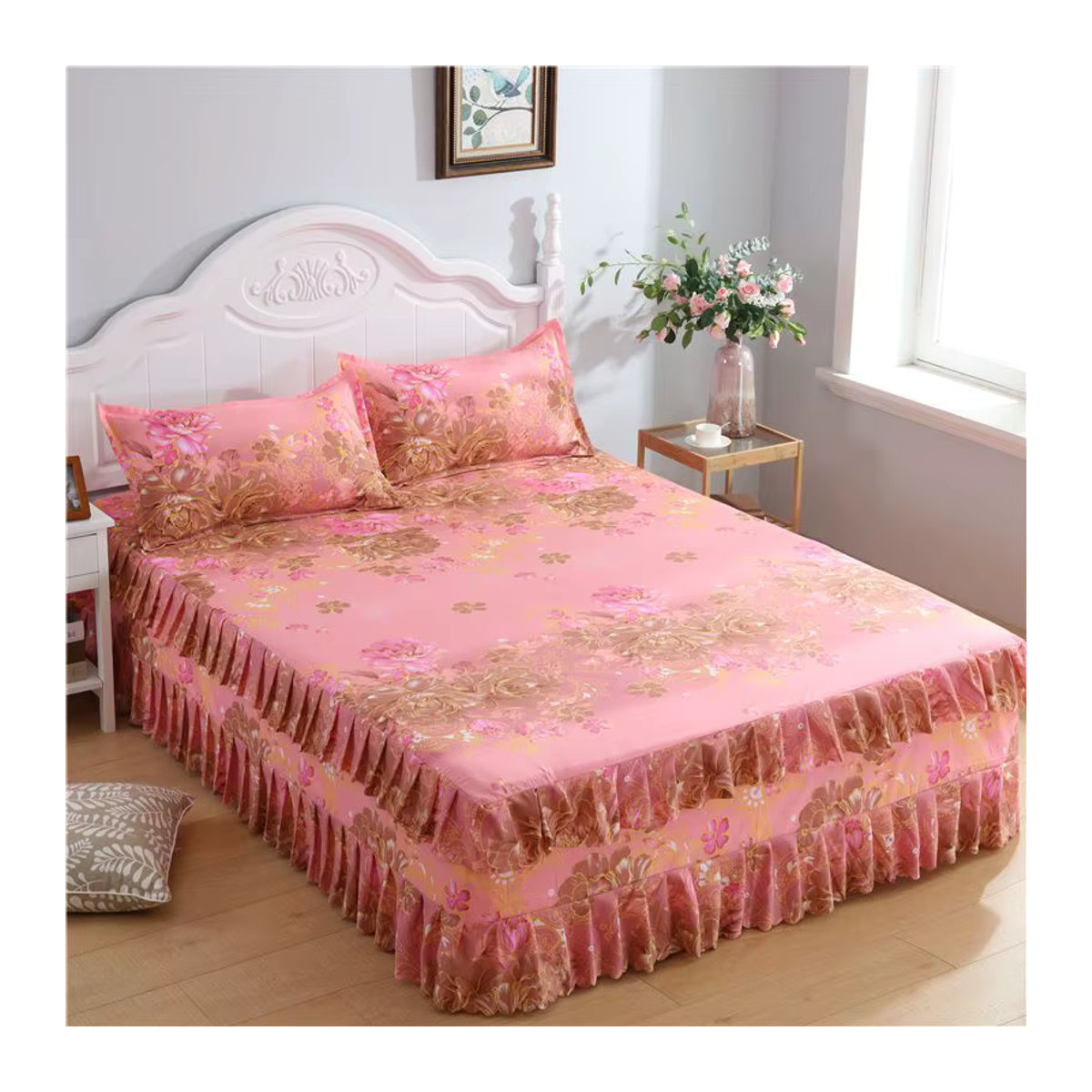 Home Textil Bettwäsche-Set aus Baumwolle mit Spannbettlaken und 2 Kissenbezügen in Orange und Rosa - Bild 2