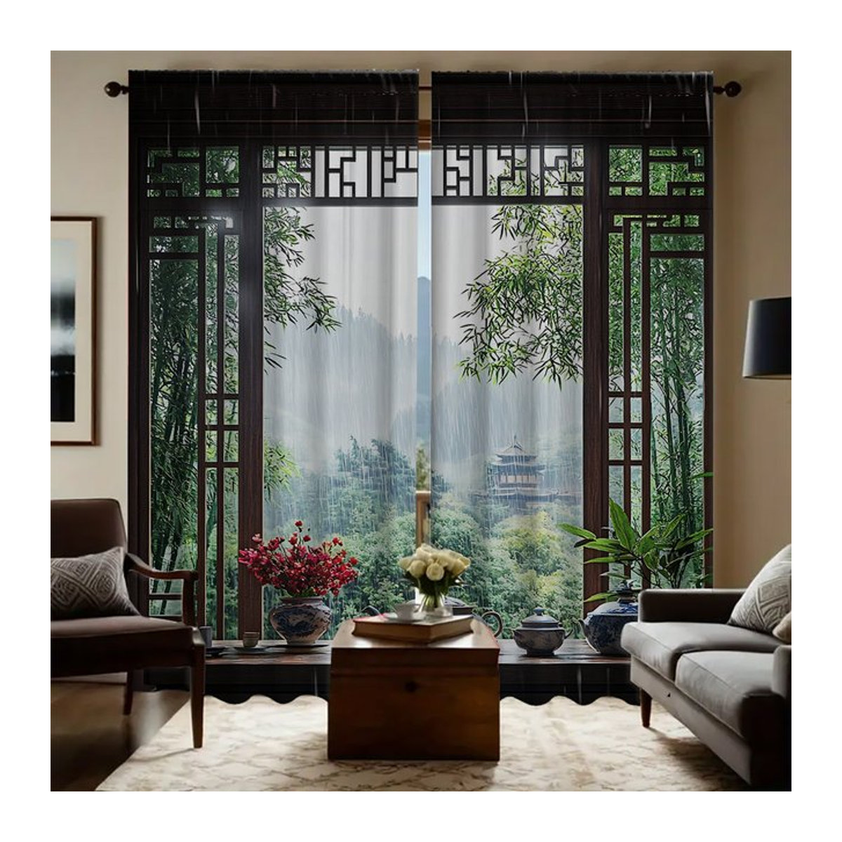 Home View 2-teiliges Set transparente Vorhänge mit Landschaftsmotiv und Stangentaschen in Mehrfarbig für Küche, Café und Wohnzimmer - Bild 1