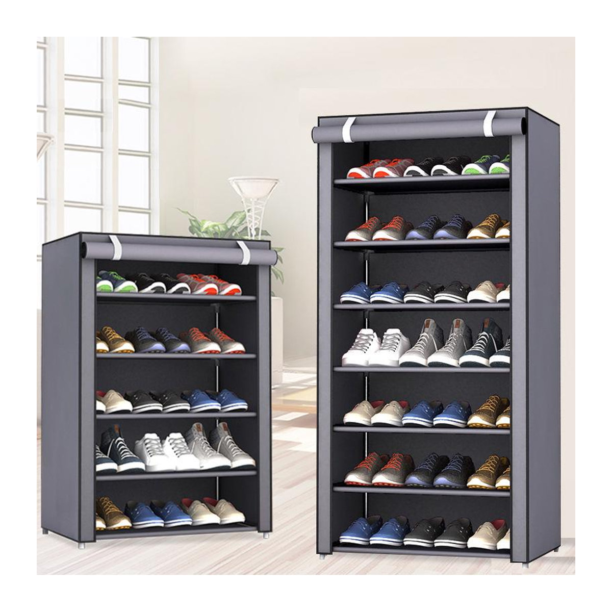 HomeHarmony Staubdichter Schuhschrank aus Stoff und Metall in Grau, Modernes und Minimalistisches Aufbewahrungsregal für Schuhe - Bild 2