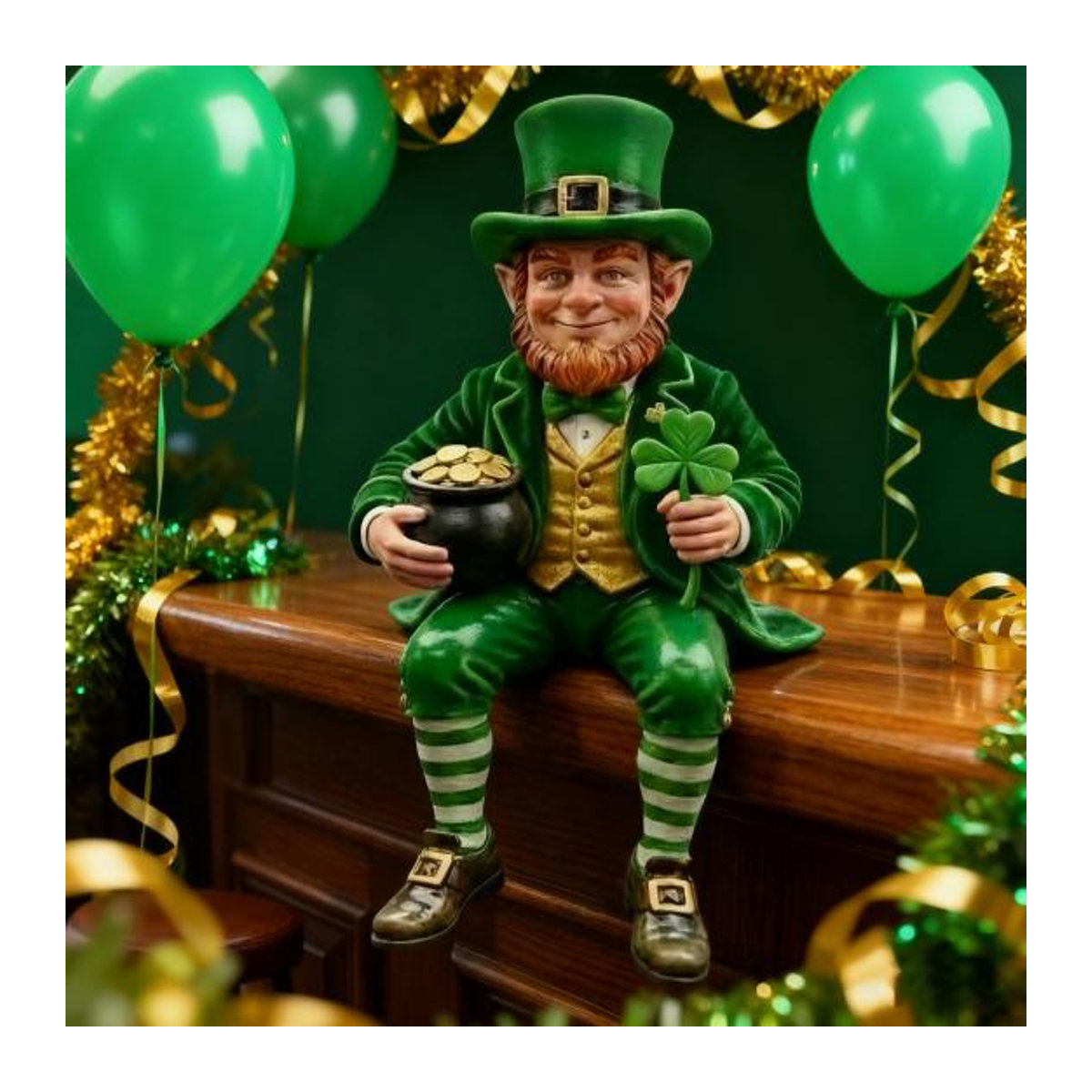 HOMEKA Leprechaun Figur aus Kunstharz mit irischem Glücksklee in Grün, Gold und Weiß als St. Patrick's Day Ornament für dein Auto - Bild 3