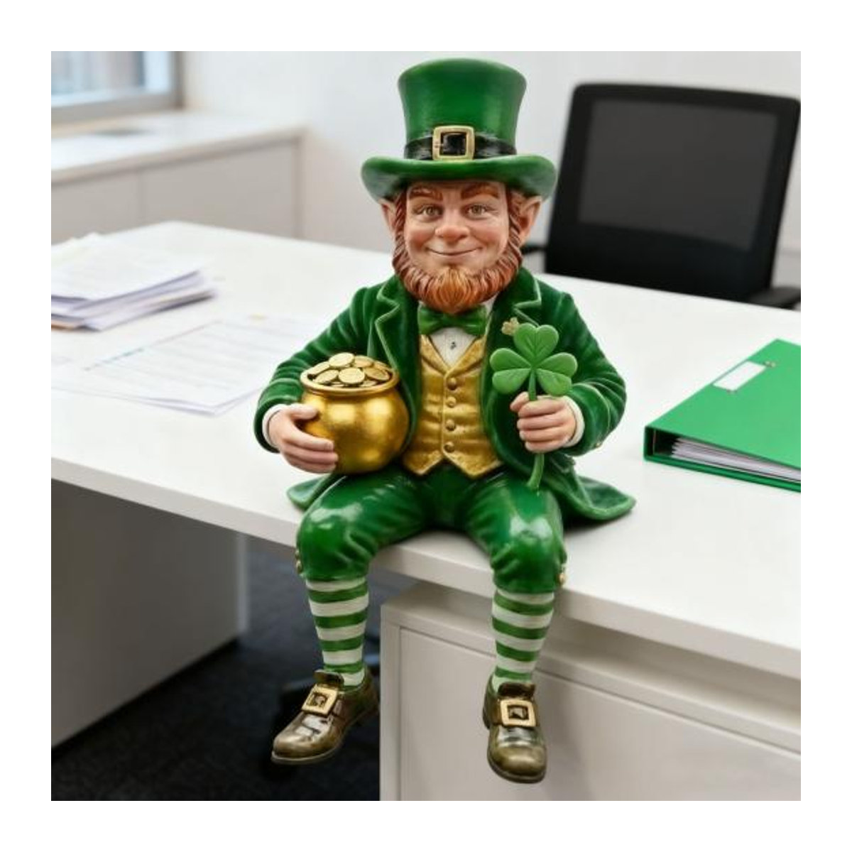 HOMEKA Leprechaun Figur aus Kunstharz mit irischem Glücksklee in Grün, Gold und Weiß als St. Patrick's Day Ornament für dein Auto - Bild 5