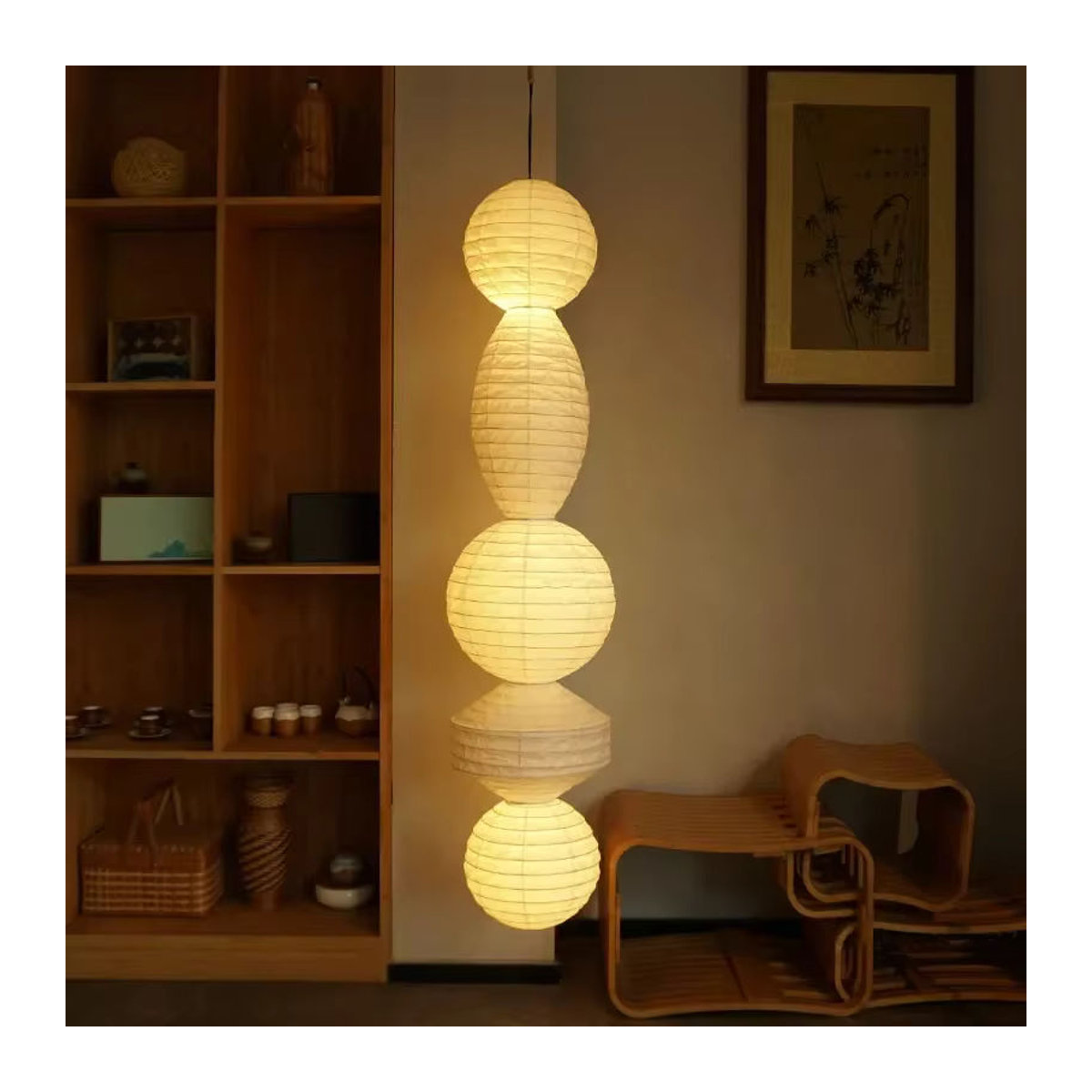 HomeLover Noguchi Pendelleuchte im minimalistischen Design aus Reispapier in Beige - Bild 2