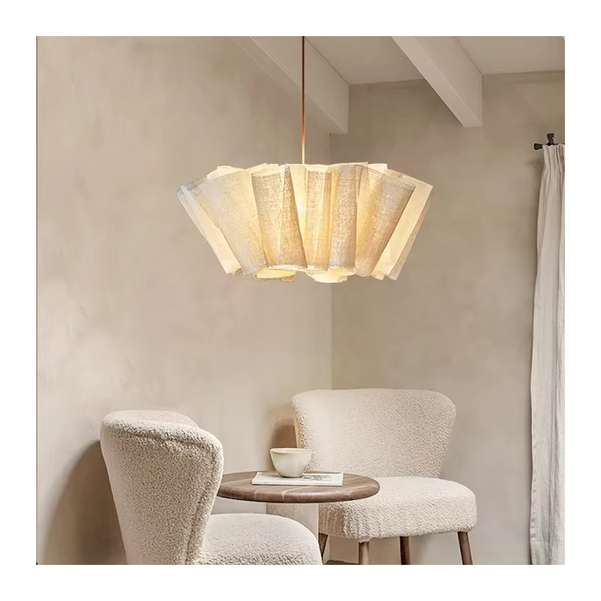 HomeLover Pendelleuchte aus Leinen in Beige im skandinavischen Wabi Sabi Design mit plissiertem Stoff für Schlafzimmer und Küche - Bild 3