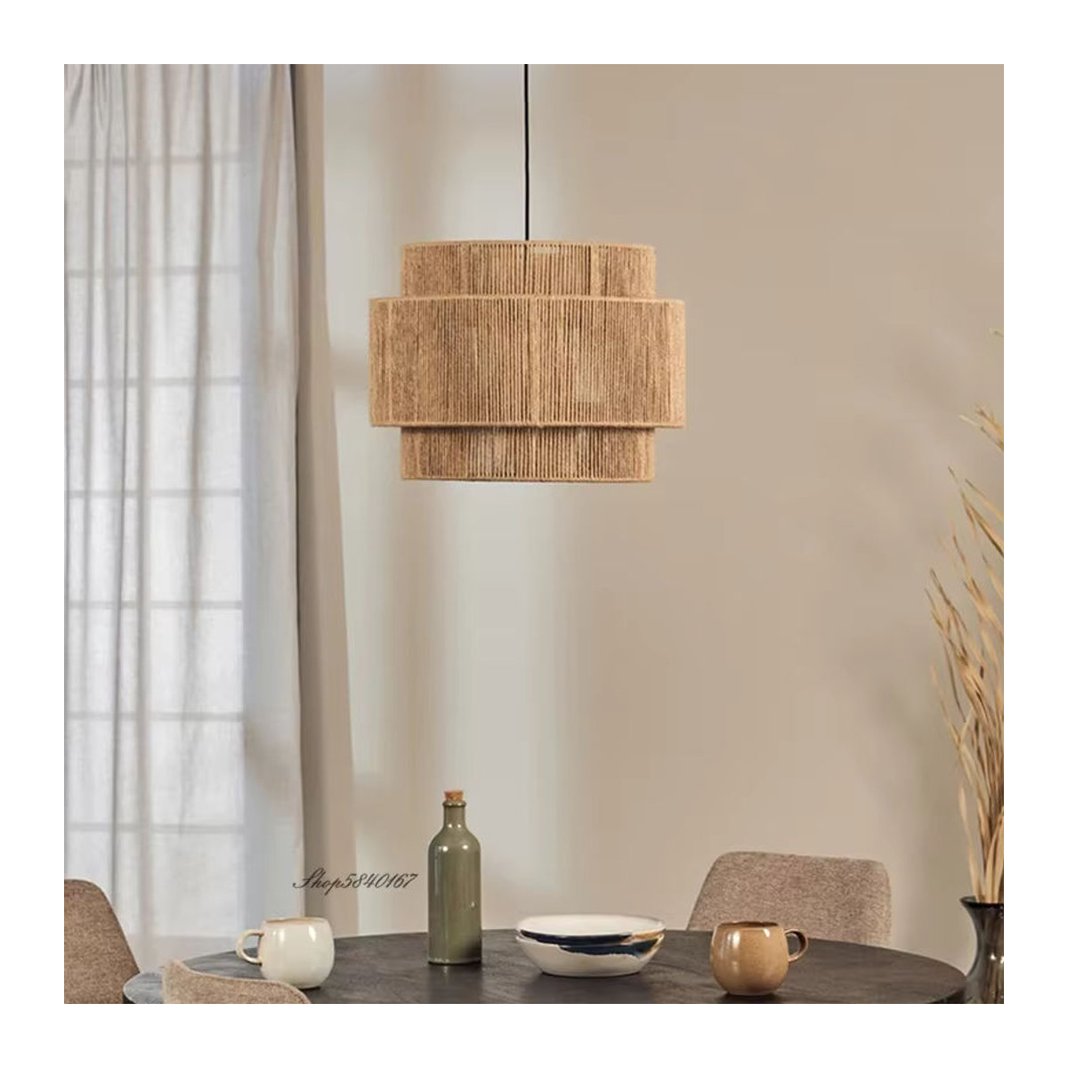 HomeLover Rattan-Pendelleuchte im japanischen Stil mit Hanfseil in Braun für Wohnzimmer und Esszimmer - Bild 2