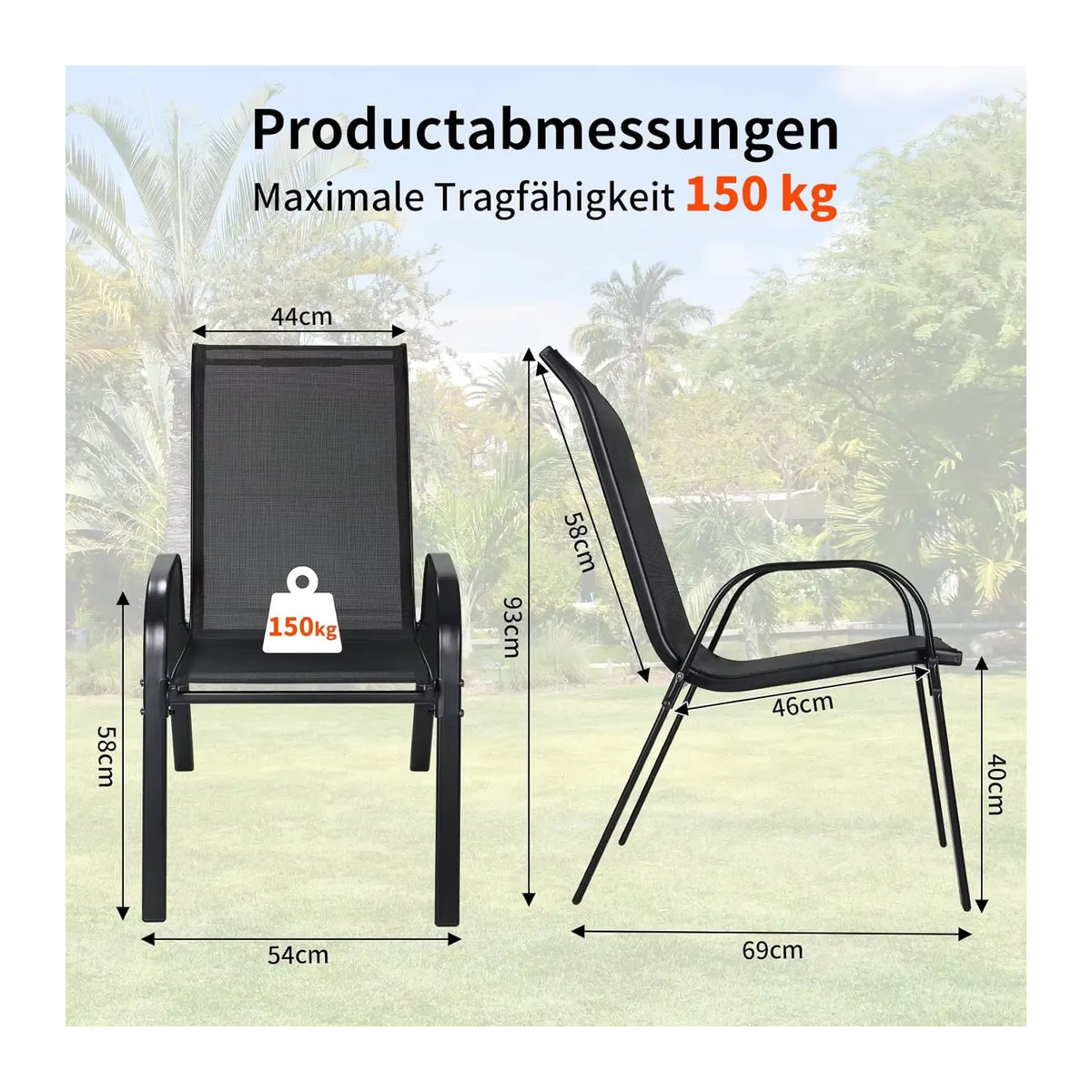 Homfa 4er Set Gartenstühle aus Stahl-Eisen mit Teseline-Stoff in Schwarz, klappbare Balkonstühle mit hoher Rückenlehne für den Außenbereich - Bild 2