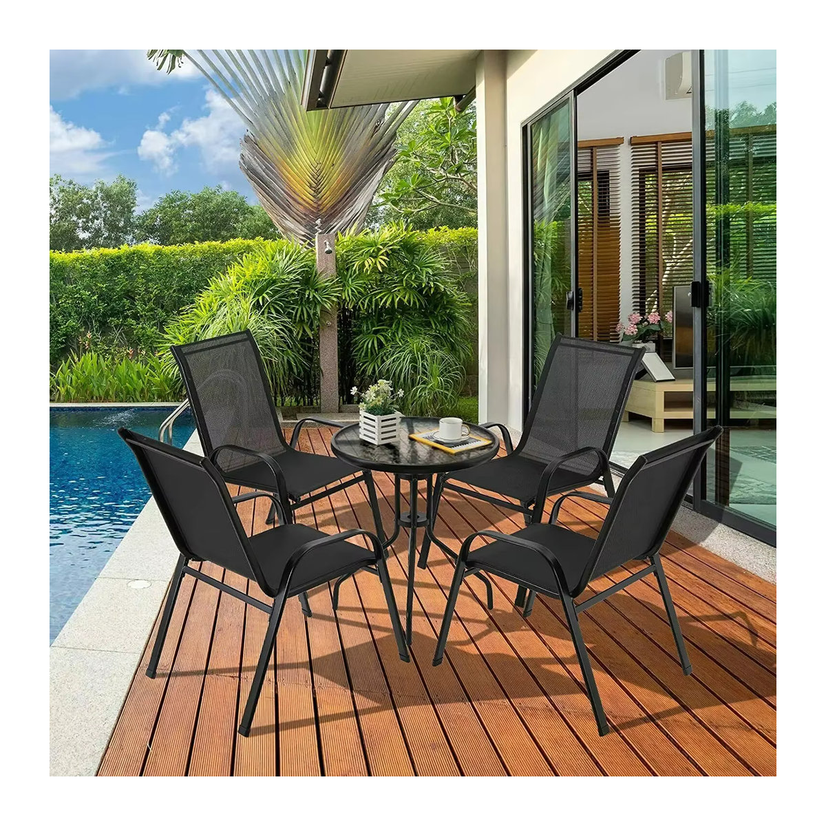 Homfa 4er Set Gartenstühle aus Stahl-Eisen mit Teseline-Stoff in Schwarz, klappbare Balkonstühle mit hoher Rückenlehne für den Außenbereich - Bild 4