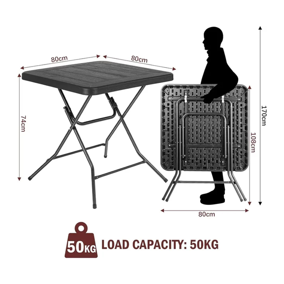 Homfa Gartentisch Klapptisch aus HDPE und Stahlrahmen in Braun und Schwarz, B/T/H: 80 x 80 x 74 cm - Bild 1