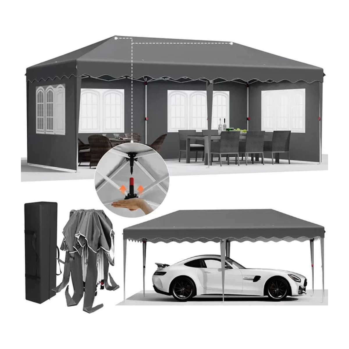 Homfa One Push Folding Gazebo Pop-Up-Pavillon 3x6 m mit 4 Seitenwänden aus Polyester in Schwarz und Anthrazit - Bild 1
