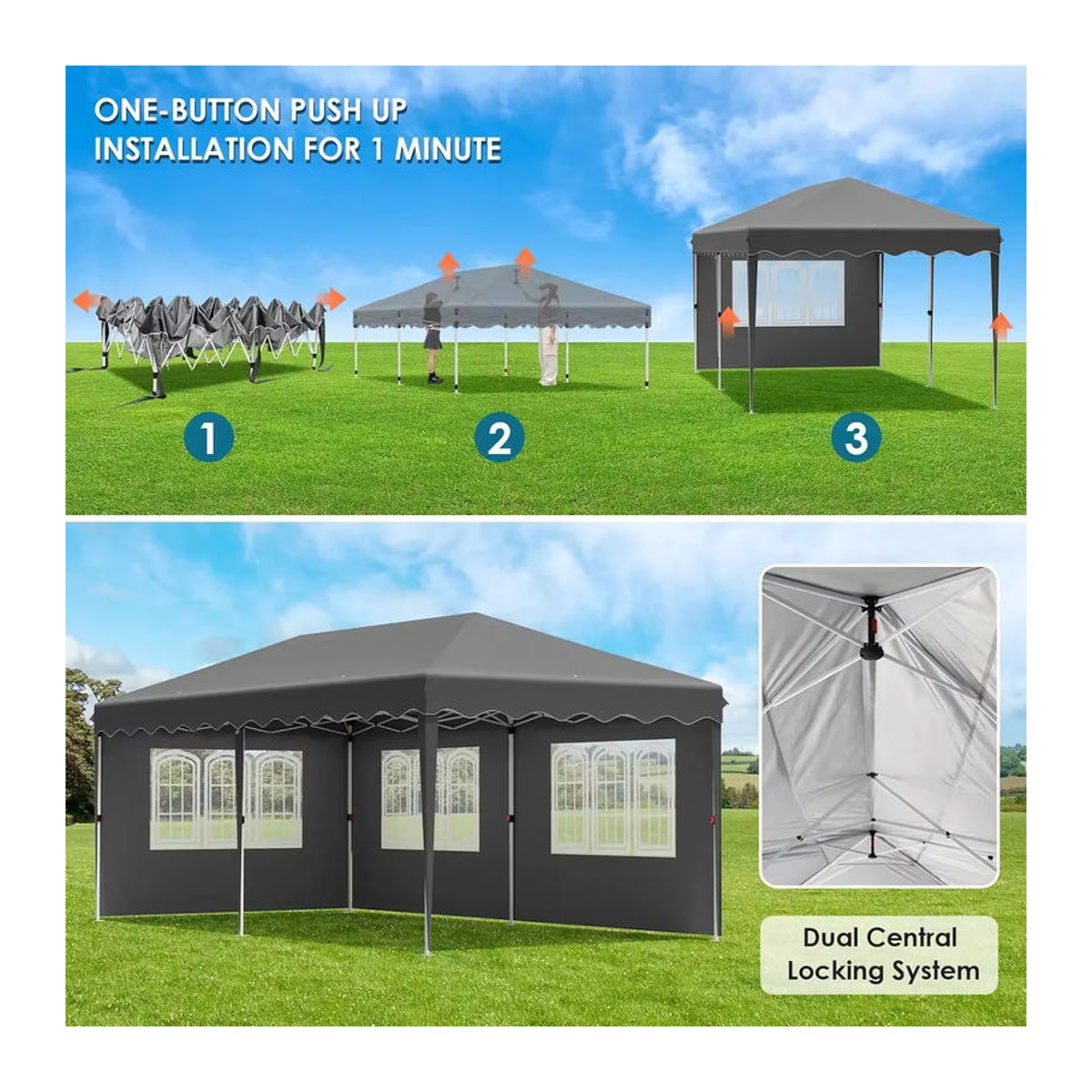 Homfa One Push Folding Gazebo Pop-Up-Pavillon 3x6 m mit 4 Seitenwänden aus Polyester in Schwarz und Anthrazit - Bild 3