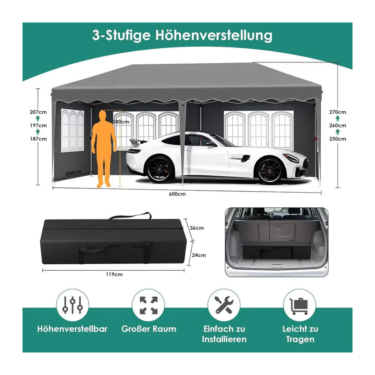 Homfa One Push Folding Gazebo Pop-Up-Pavillon 3x6 m mit 4 Seitenwänden aus Polyester in Schwarz und Anthrazit - Bild 4