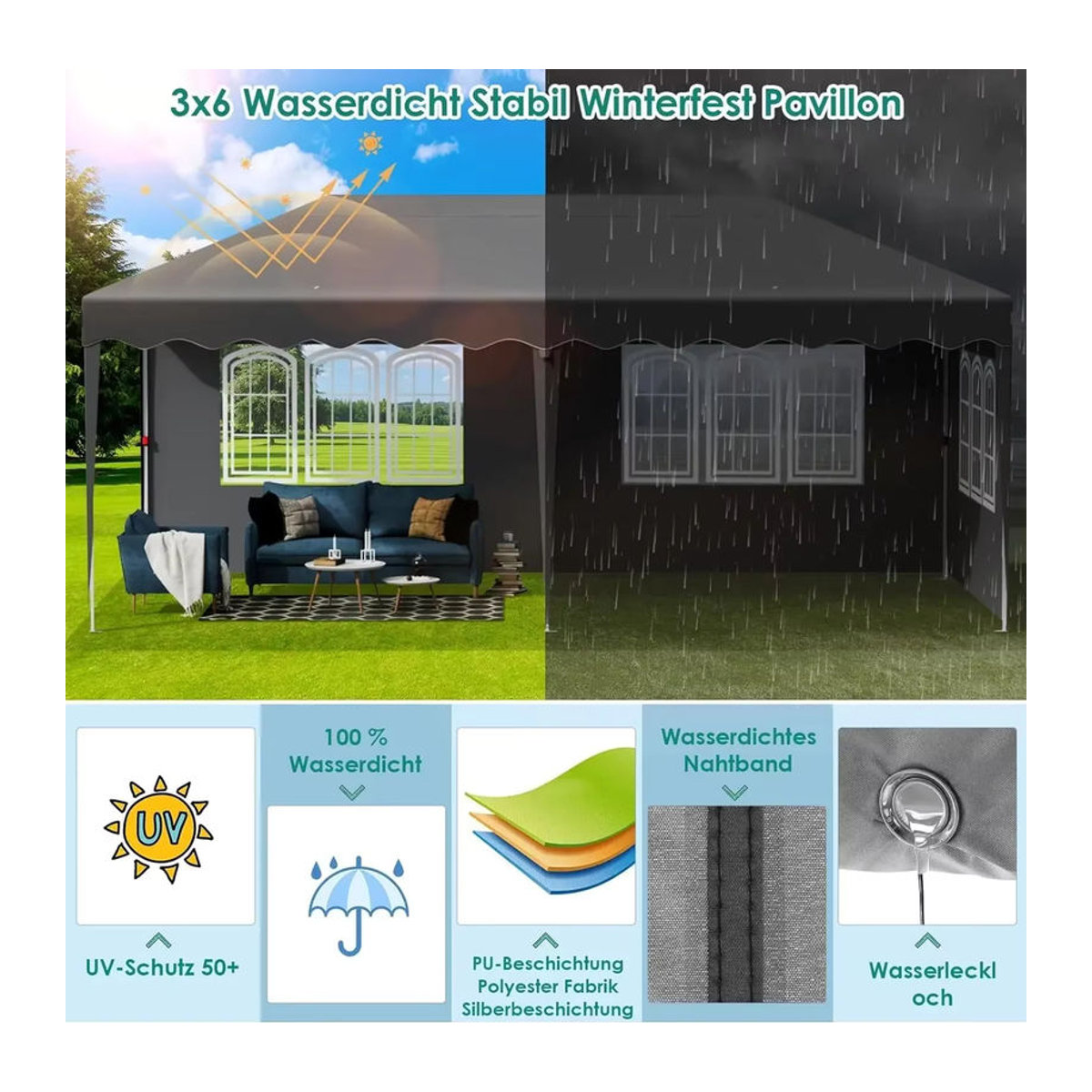 Homfa One Push Folding Gazebo Pop-Up-Pavillon 3x6 m mit 4 Seitenwänden aus Polyester in Schwarz und Anthrazit - Bild 6