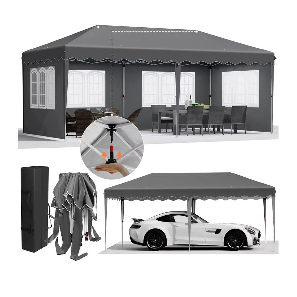Homfa One Push Folding Gazebo Pop-Up-Pavillon 3x6 m mit 4 Seitenwänden aus Polyester in Schwarz und Anthrazit - Bild 7