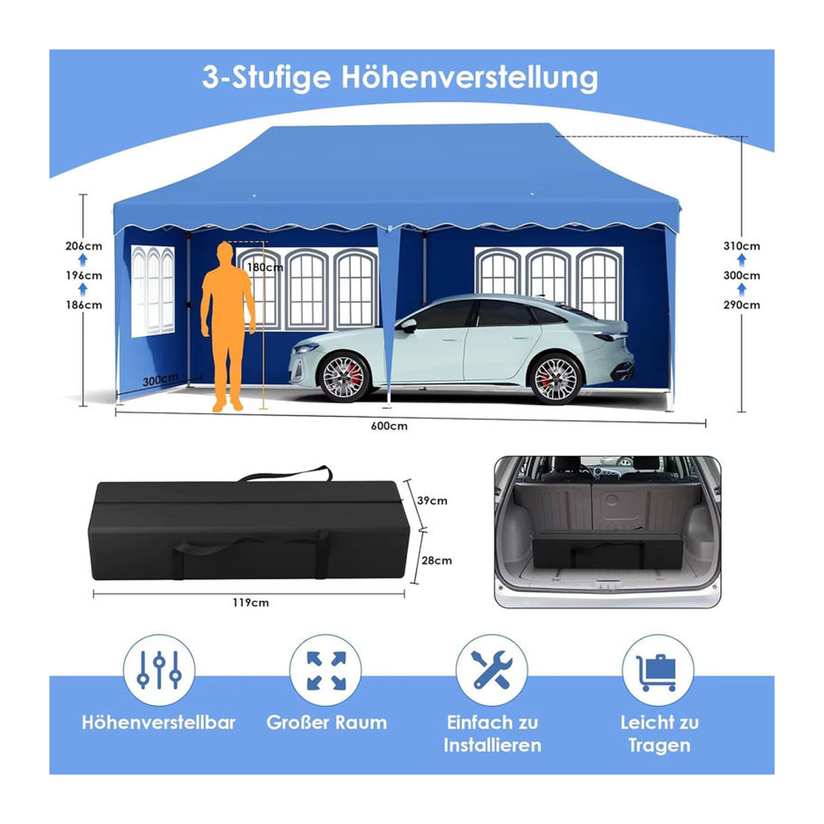 Homfa Partyzelt Pavillon mit 6 Seitenteilen, wasserdicht und UV 50+, höhenverstellbar, in Blau oder Schwarz - Bild 4