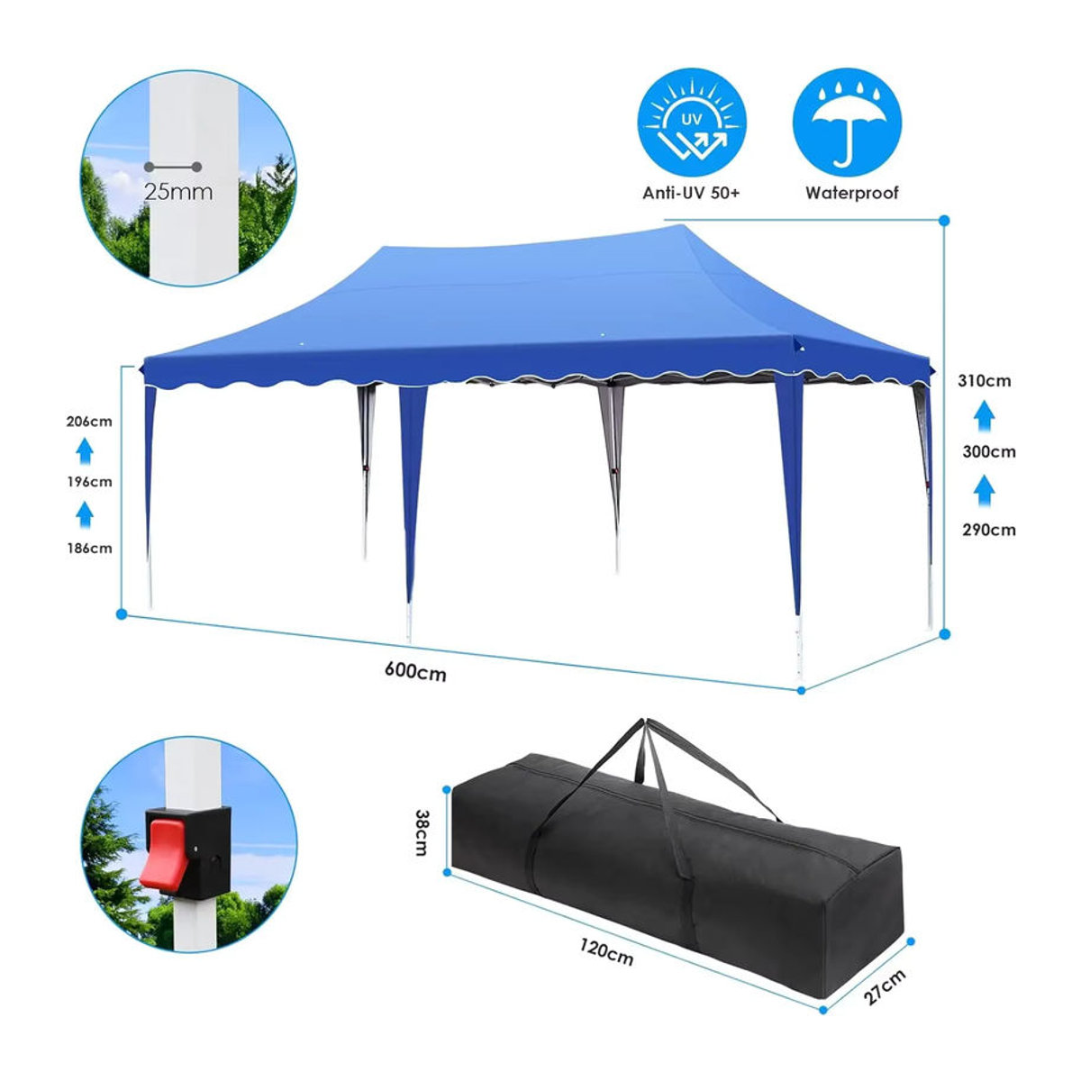 Homfa Pavillon Partyzelt mit 4 Seitenteilen und 6 Sandsäcken, wasserdicht, faltbar, UV50+, höhenverstellbar, Weiß/Blau - Bild 2