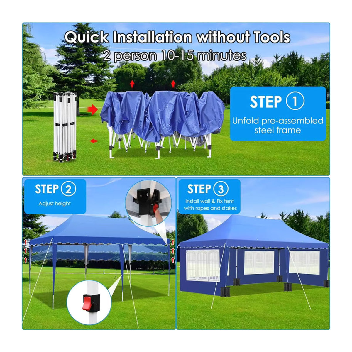 Homfa Pavillon Partyzelt mit 4 Seitenteilen und 6 Sandsäcken, wasserdicht, faltbar, UV50+, höhenverstellbar, Weiß/Blau - Bild 4