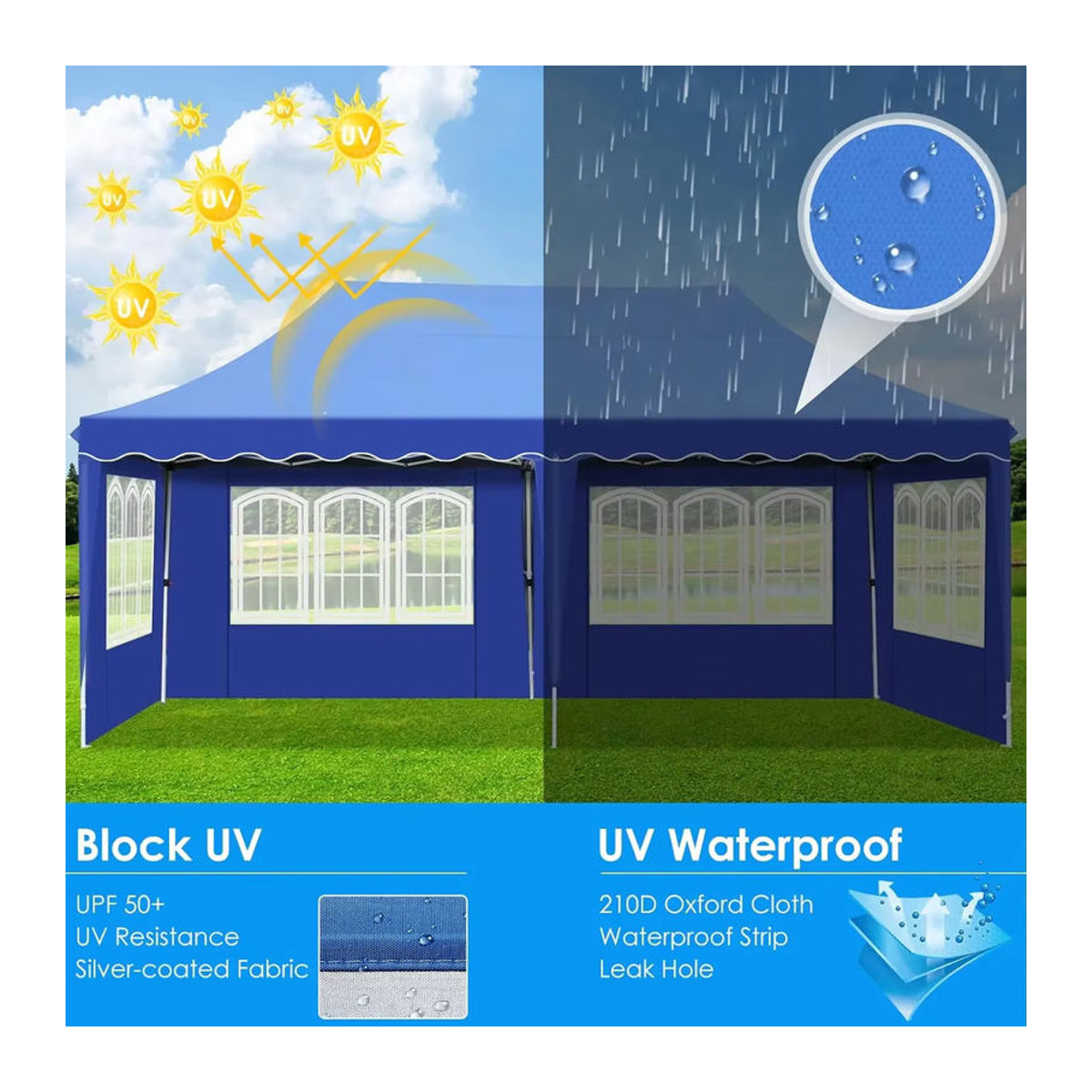 Homfa Pavillon Partyzelt mit 4 Seitenteilen und 6 Sandsäcken, wasserdicht, faltbar, UV50+, höhenverstellbar, Weiß/Blau - Bild 5