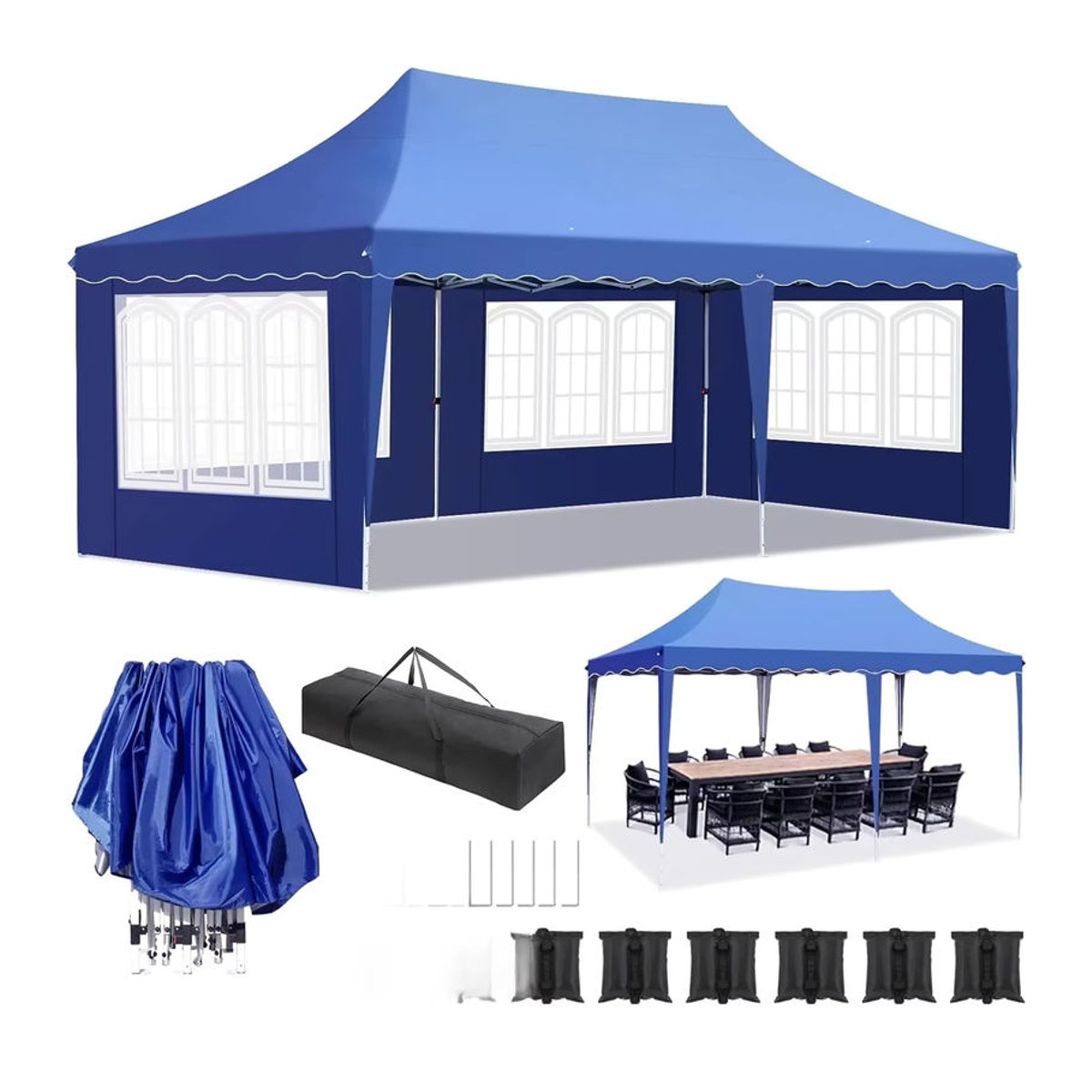 Homfa Pavillon Partyzelt mit 4 Seitenteilen und 6 Sandsäcken, wasserdicht, faltbar, UV50+, höhenverstellbar, Weiß/Blau - Bild 6
