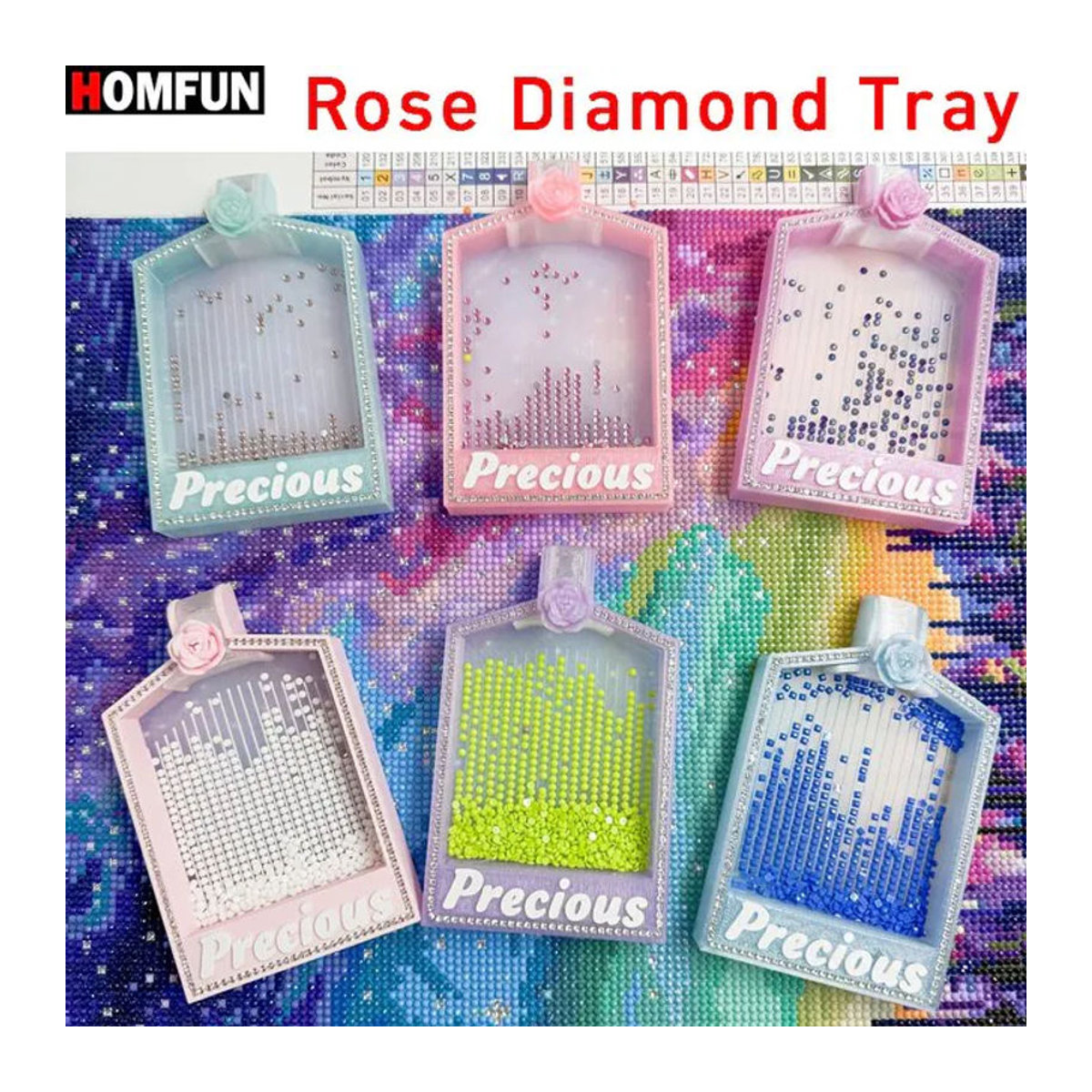 HOMFUN 3D Diamantmalerei Rosen Aufbewahrungstablett aus Kunststoff, mehrfarbiges florales Sortiertablett für 5D-Stickerei-Zubehör, rosa - Bild 1
