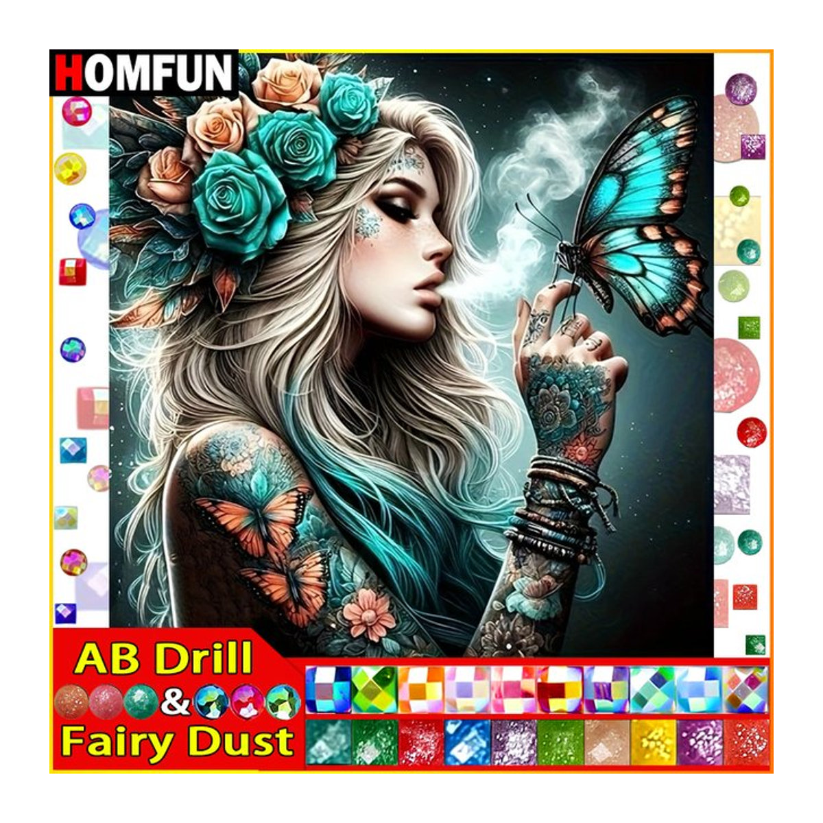 HOMFUN DIY Diamantmalerei Portrait Schönheit Schmetterling 5D Kreuzstich Set in Mehrfarbig - Bild 1