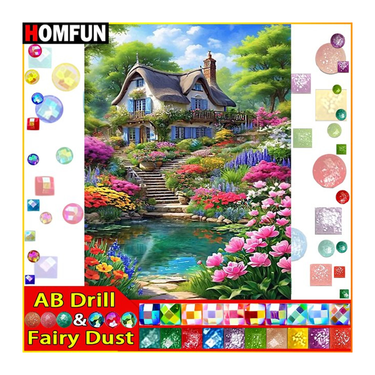 HOMFUN Fairy Dust AB Art 5D DIY Diamantmalerei Haus Blume als floraler Kreuzstich in Mehrfarbig mit runden Steinen im Landhausstil - Bild 1