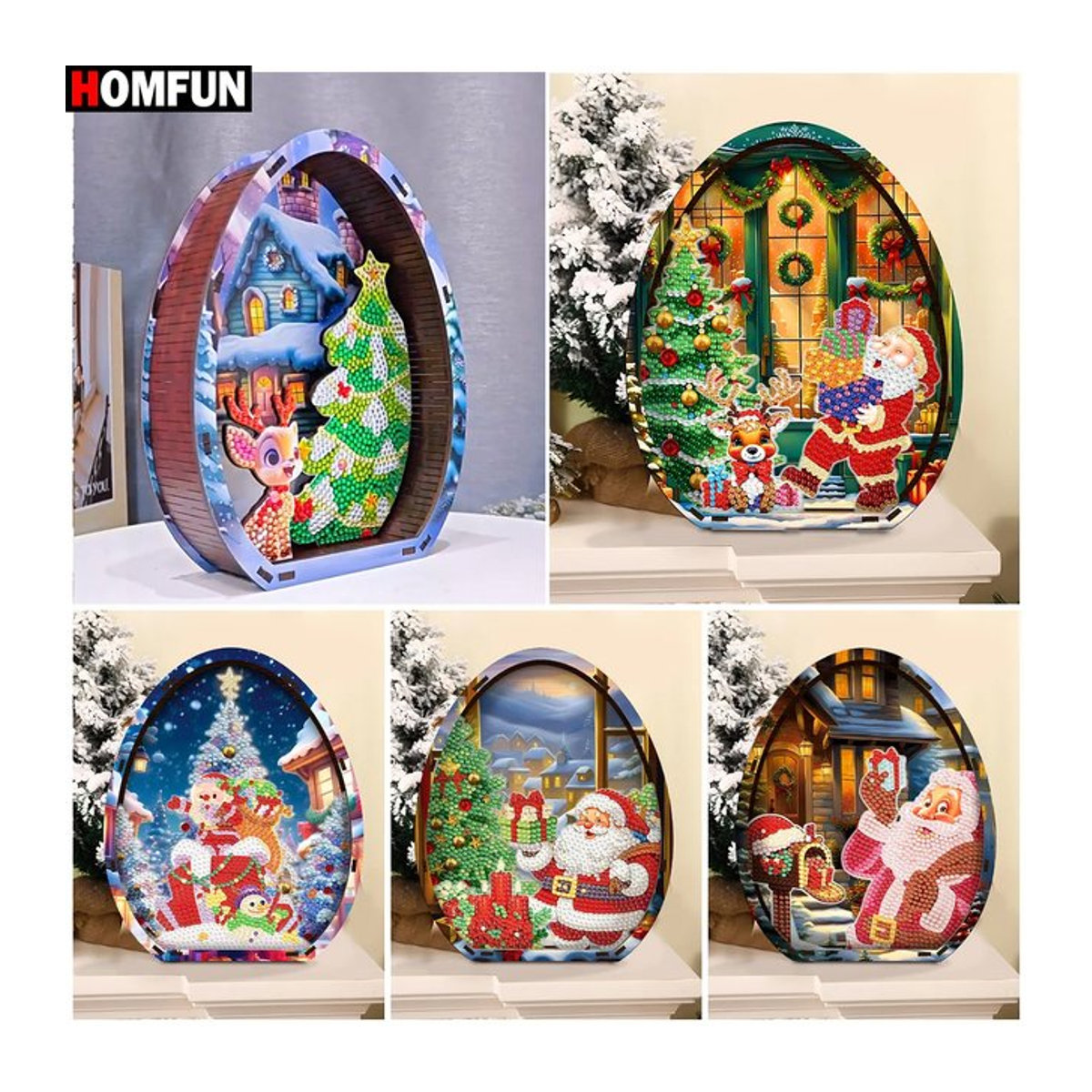 HOMFUN Weihnachts-Desktop-Diamant-Kunst-Set aus Holz, 5D-Diamant-Malerei zum Selbermachen mit Weihnachtsmann-Motiv, mehrfarbig und oval stehend - Bild 1
