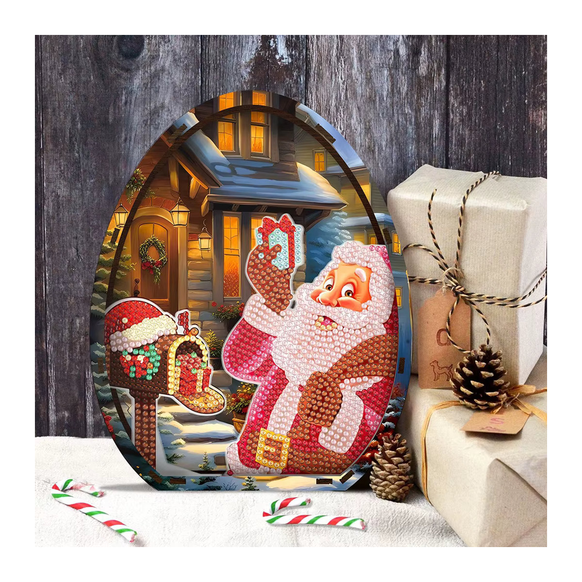 HOMFUN Weihnachts-Desktop-Diamant-Kunst-Set aus Holz, 5D-Diamant-Malerei zum Selbermachen mit Weihnachtsmann-Motiv, mehrfarbig und oval stehend - Bild 2