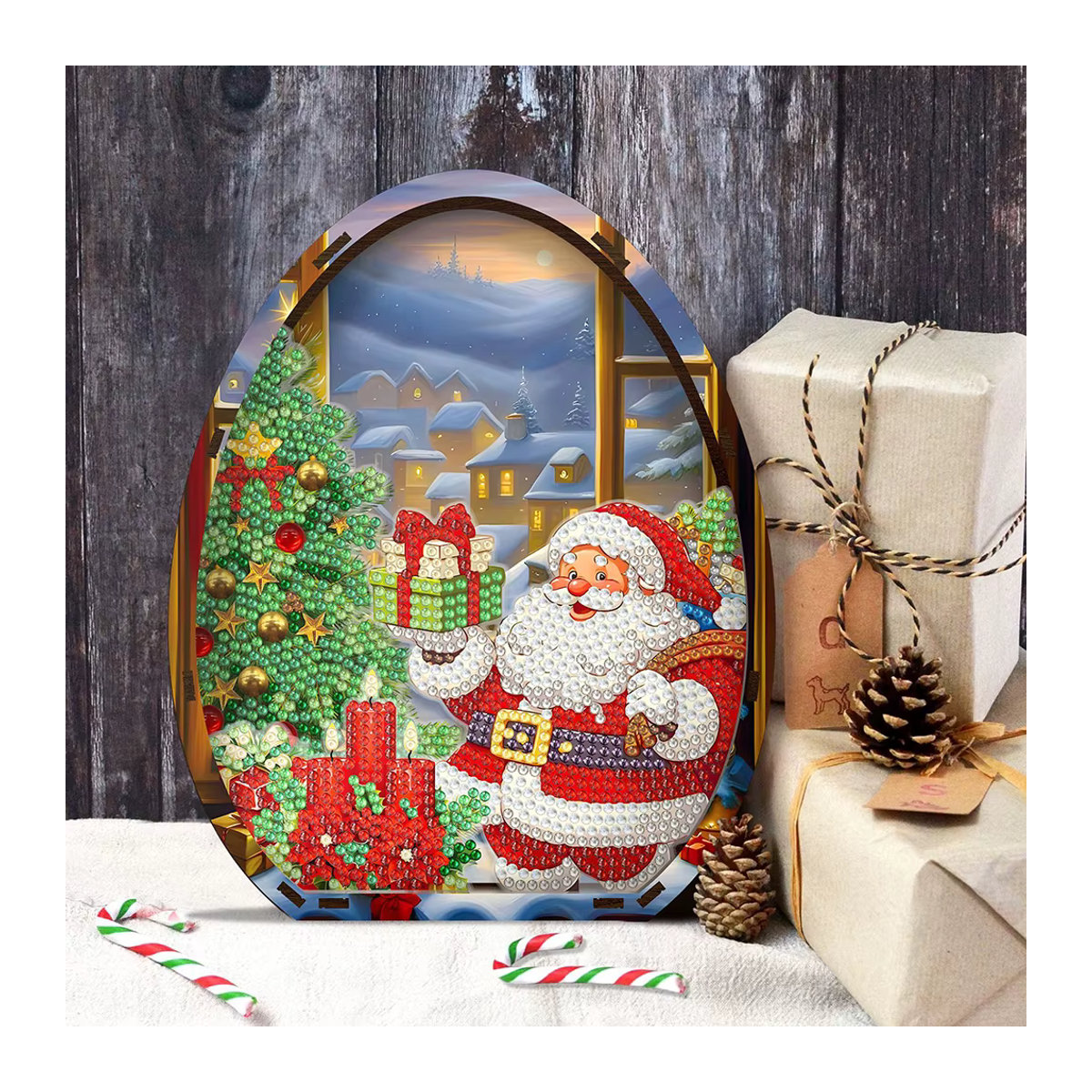 HOMFUN Weihnachts-Desktop-Diamant-Kunst-Set aus Holz, 5D-Diamant-Malerei zum Selbermachen mit Weihnachtsmann-Motiv, mehrfarbig und oval stehend - Bild 3