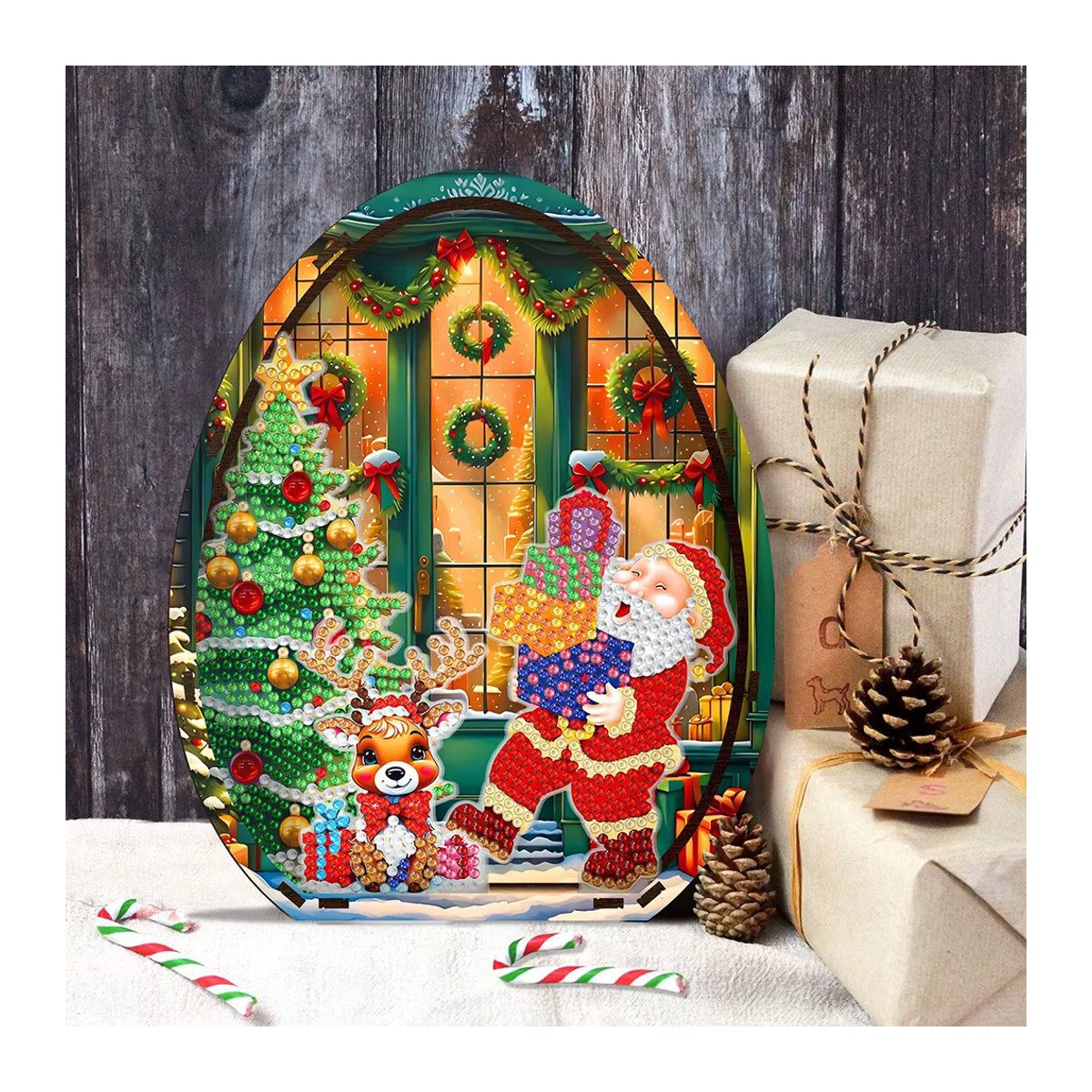 HOMFUN Weihnachts-Desktop-Diamant-Kunst-Set aus Holz, 5D-Diamant-Malerei zum Selbermachen mit Weihnachtsmann-Motiv, mehrfarbig und oval stehend - Bild 4