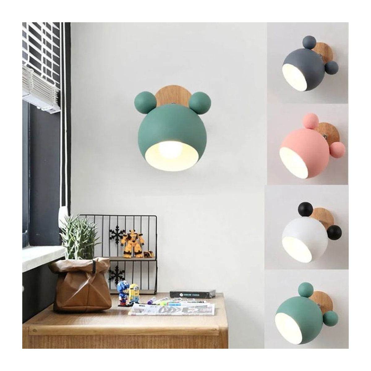 Homocean Moderne LED Wandleuchte in Rosa mit Metalllampenschirm und Holzsockel - Bild 1