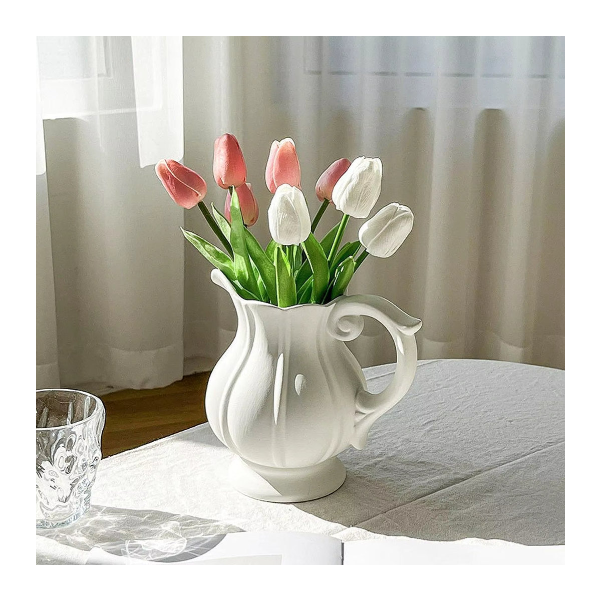 Homyl Keramik-Blumenvase in Weiß im skandinavischen Design mit Griff und bauchiger Form - Bild 4