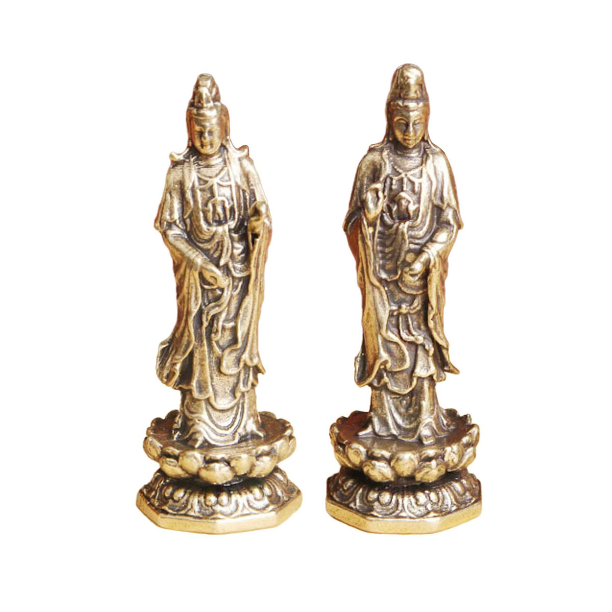 Homyl Mini Guan Yin Buddha Statue aus Messing in Gold, stehend auf Lotus als dekoratives Tischornament im orientalischen Stil - Bild 2