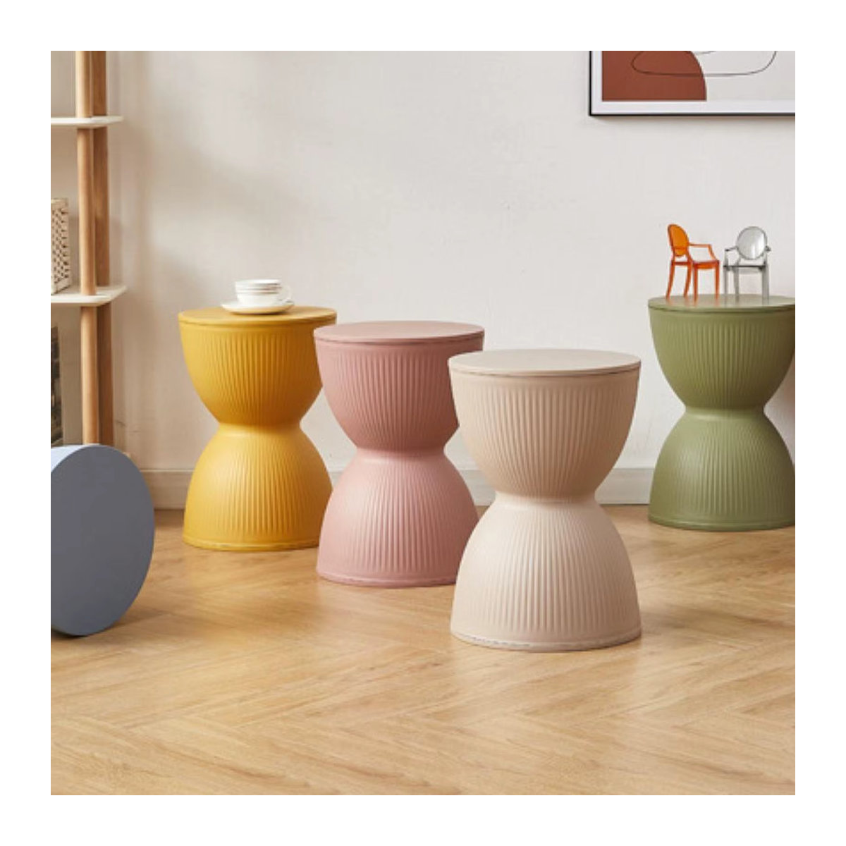 Homyl Polsterhocker Skandinavisch Minimalistisch in Gelb und Bunt als runder Mehrzweck-Sitzhocker für Wohnzimmer, Schlafzimmer und Eingangsbereich - Bild 2