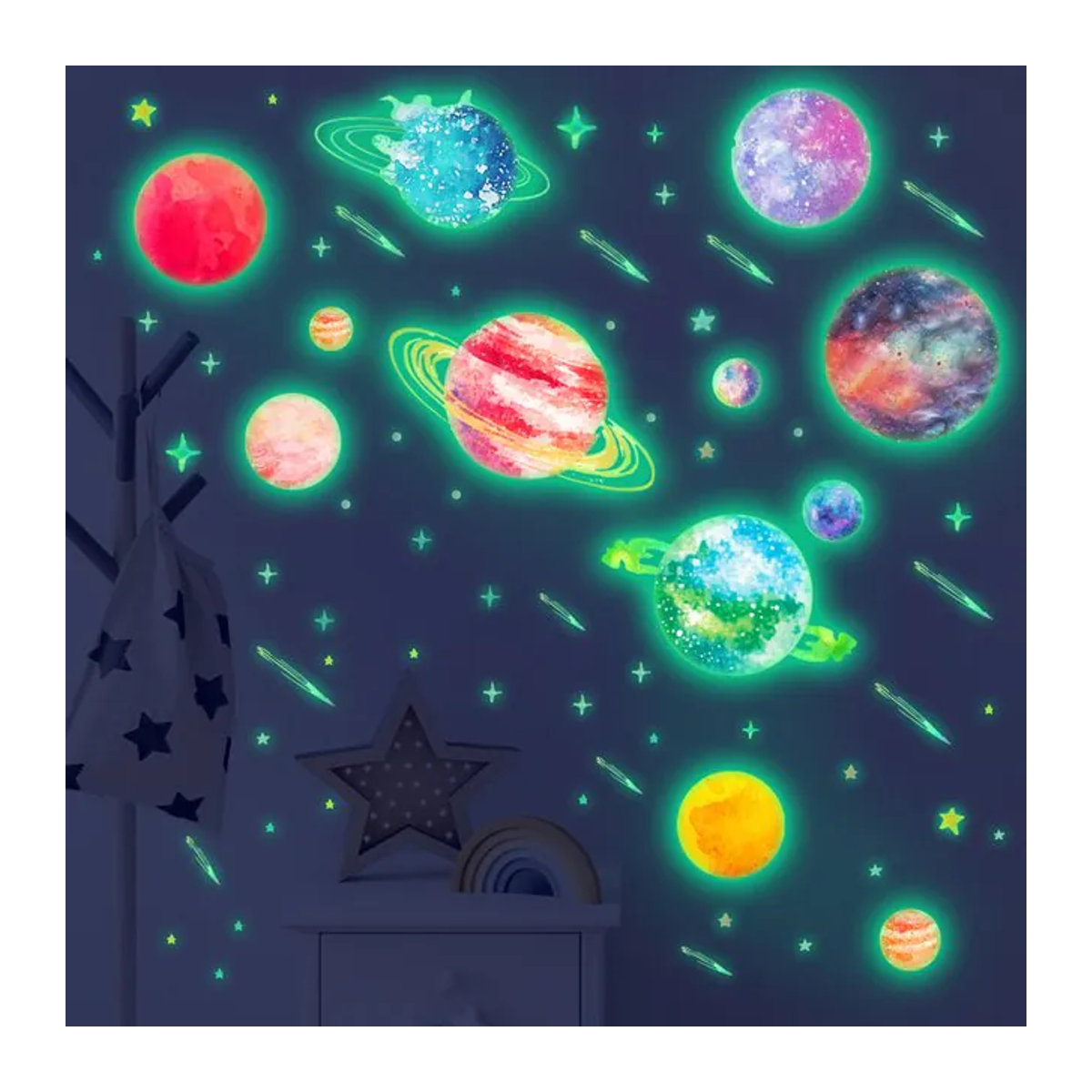 HonC Leuchtender Wandaufkleber mit Planeten und Meteoren für das Kinderzimmer, Mehrfarbig, Kunststoff - Bild 1