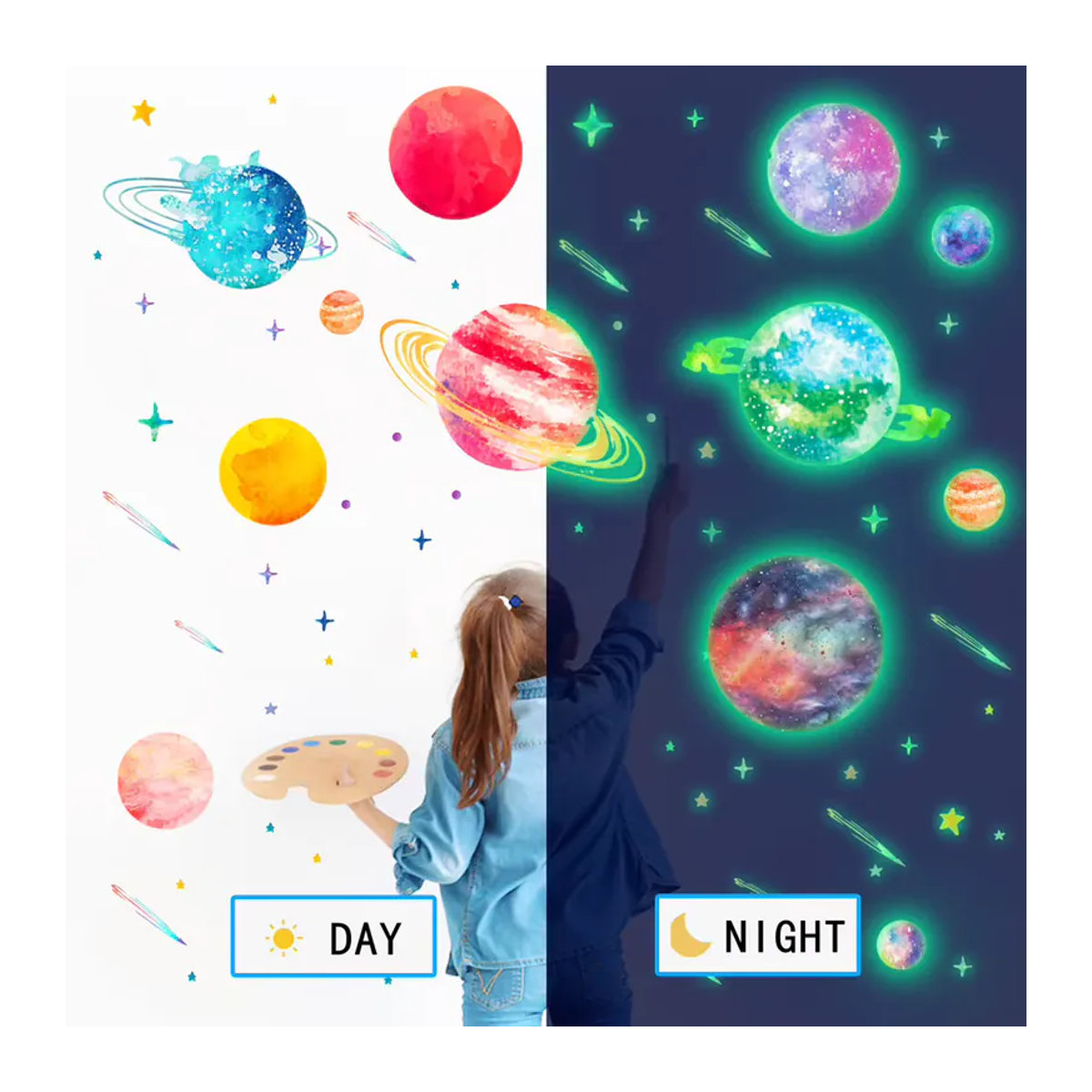 HonC Leuchtender Wandaufkleber mit Planeten und Meteoren für das Kinderzimmer, Mehrfarbig, Kunststoff - Bild 3