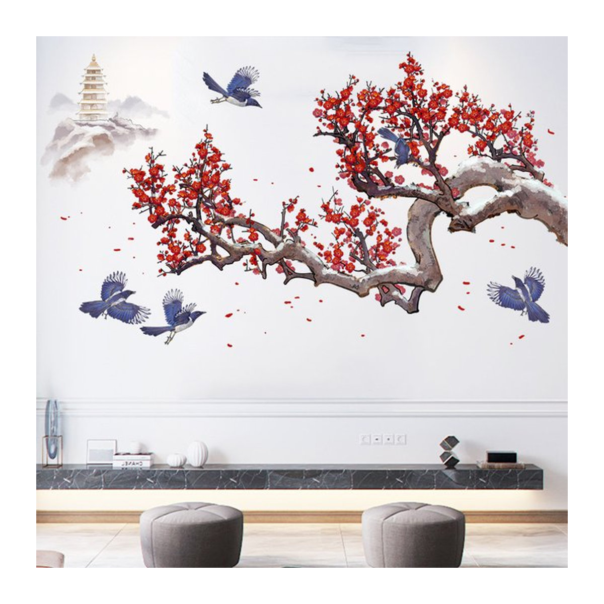 HonC Wandaufkleber im orientalischen Stil mit floralen Pflaumenblüten, mehrfarbiges Wandbild zur Hintergrunddekoration für Wohnzimmer und Schlafzimmer - Bild 1