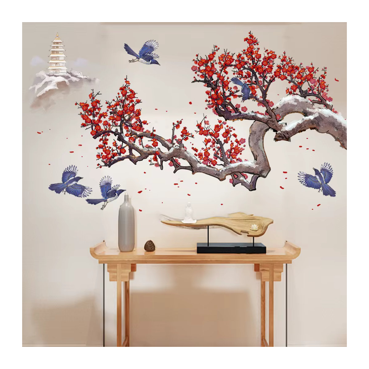 HonC Wandaufkleber im orientalischen Stil mit floralen Pflaumenblüten, mehrfarbiges Wandbild zur Hintergrunddekoration für Wohnzimmer und Schlafzimmer - Bild 4