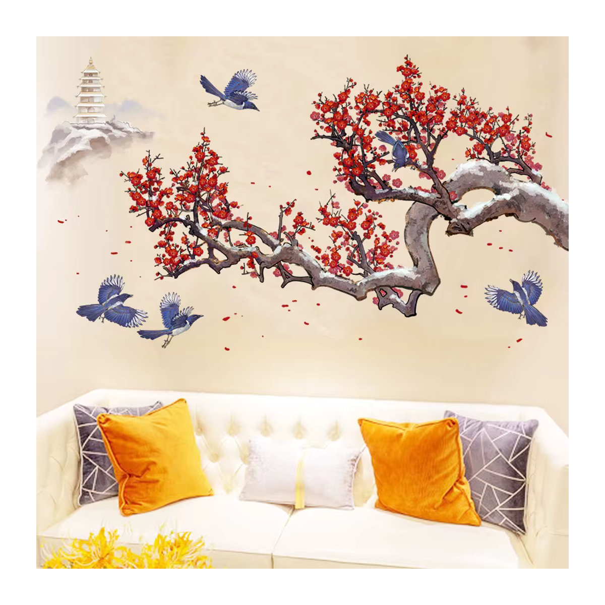 HonC Wandaufkleber im orientalischen Stil mit floralen Pflaumenblüten, mehrfarbiges Wandbild zur Hintergrunddekoration für Wohnzimmer und Schlafzimmer - Bild 5