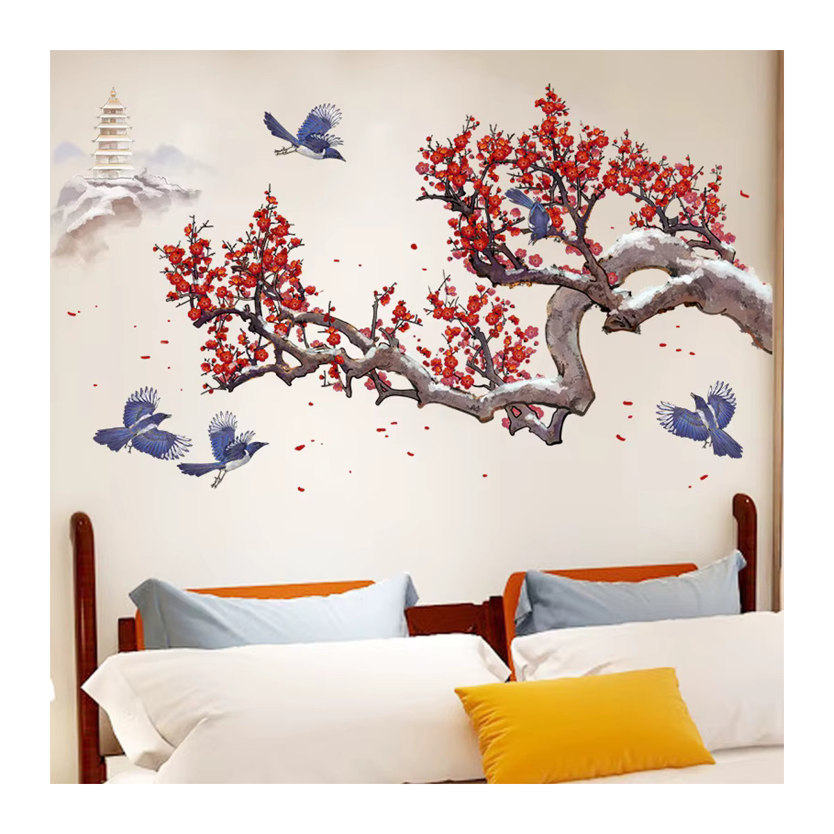 HonC Wandaufkleber im orientalischen Stil mit floralen Pflaumenblüten, mehrfarbiges Wandbild zur Hintergrunddekoration für Wohnzimmer und Schlafzimmer - Bild 6