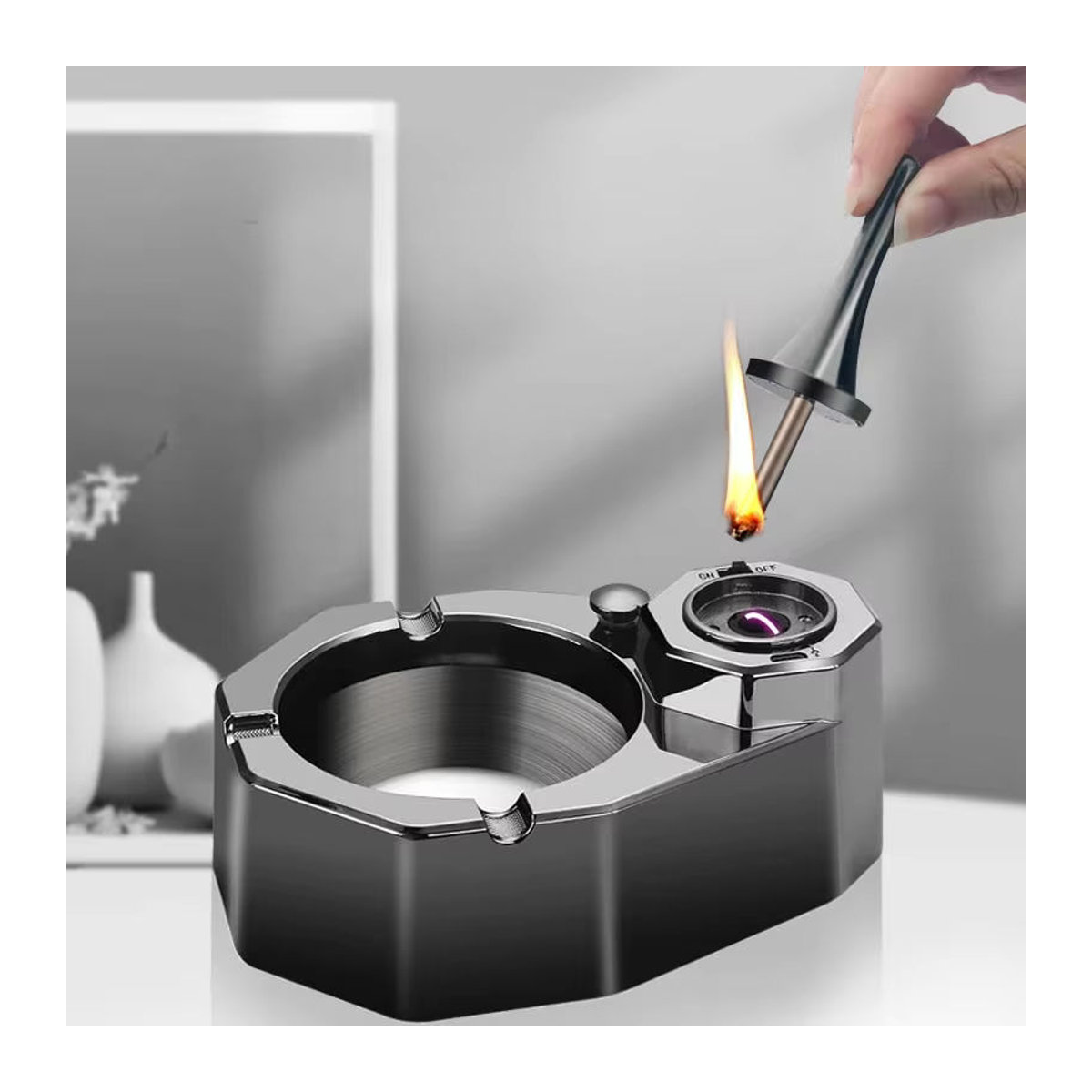 HONEST Öl-Elektro-Hybrid-Feuerzeug und Aschenbecher in Schwarz aus Metall als moderne Schreibtischdekoration - Bild 2
