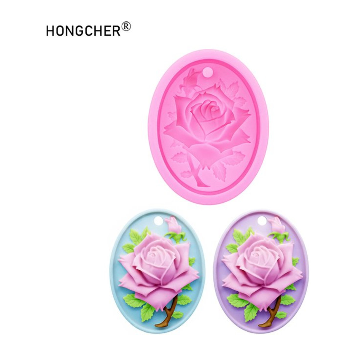 HONGCHER Dekorative Rosen-Blumen Wanddekoration aus Gips und Kunstharz in Pink und Mehrfarbig, hängendes Ornament in ovaler Form - Bild 1